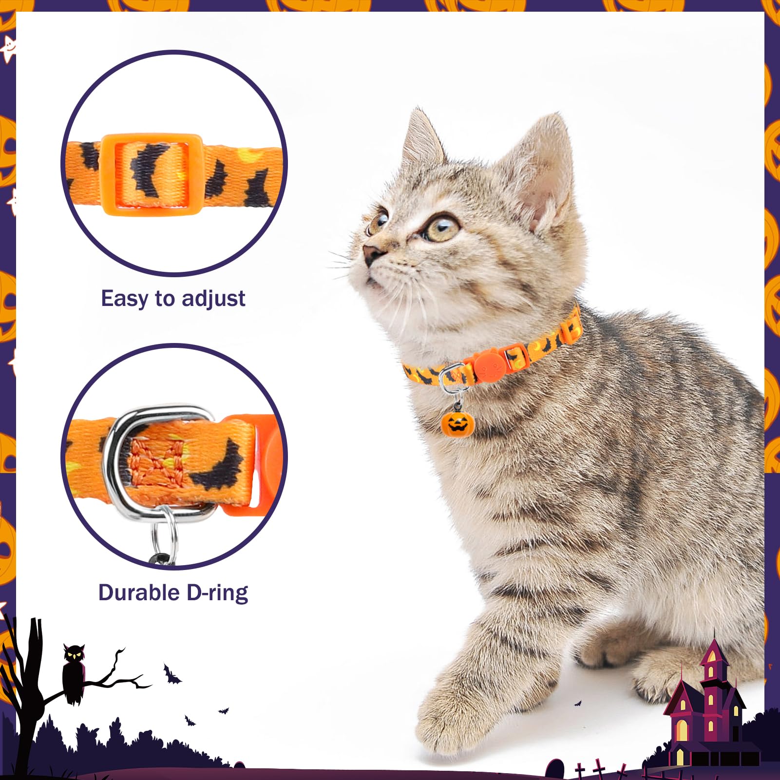 Pupteck Halloween Cat Collar With Bell Breakaway 3 Packs, Kitten Collar With Bowtie For Boy Girl Small Pets, Puppy, Bunny Outfit Costume