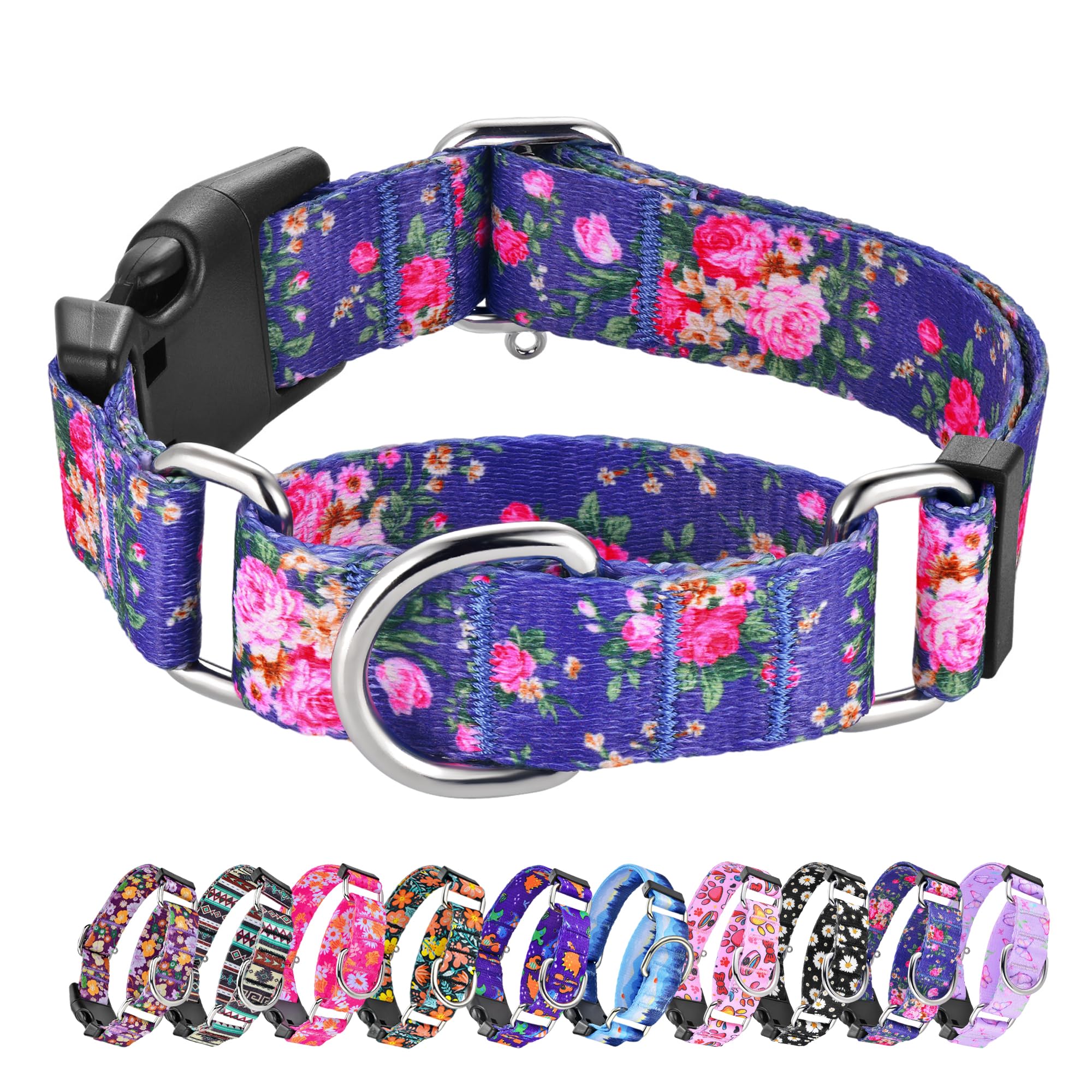 Hikiko Martingale Collar For Dogs Girl Dog Collars For Small Medium Large Dogs With Cute Female No Pull Dog Collar(Blue Rose,Med