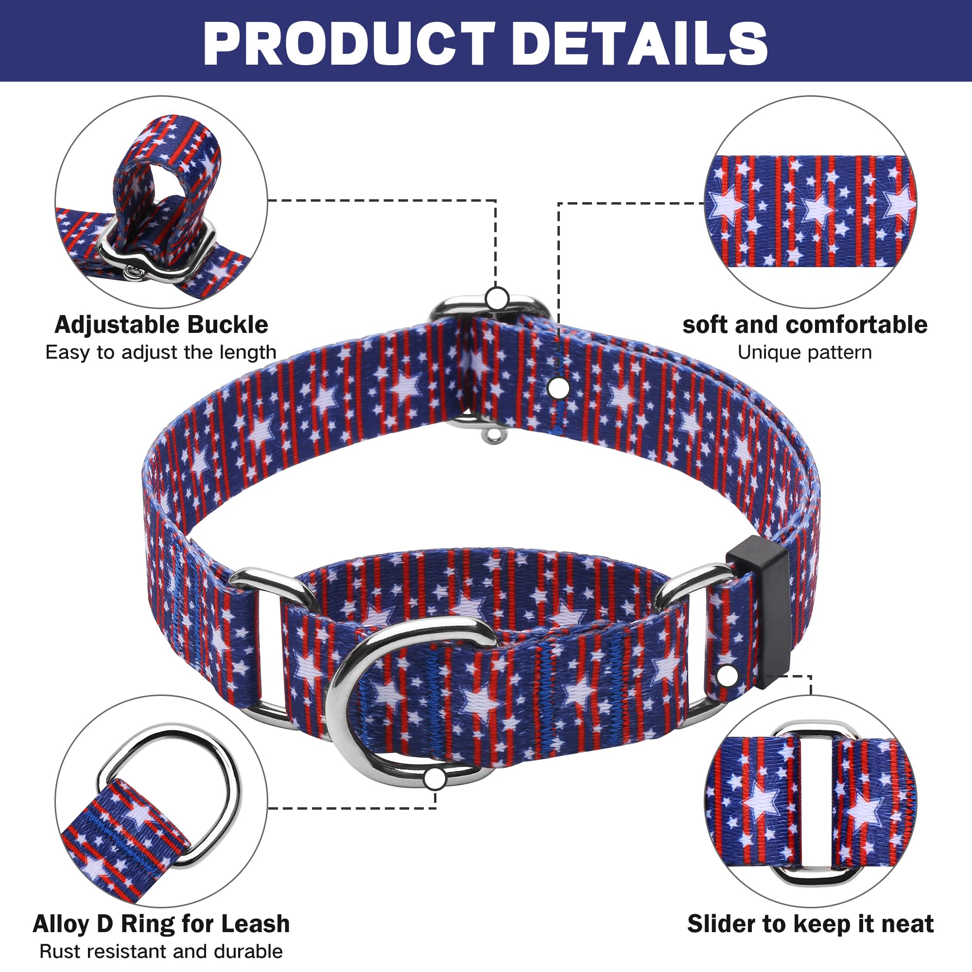 Hikiko American Flag Martingale Collar With No Buckle Soft Nylon Dog Collar For Small Dogs,Blue Star Stripe,S