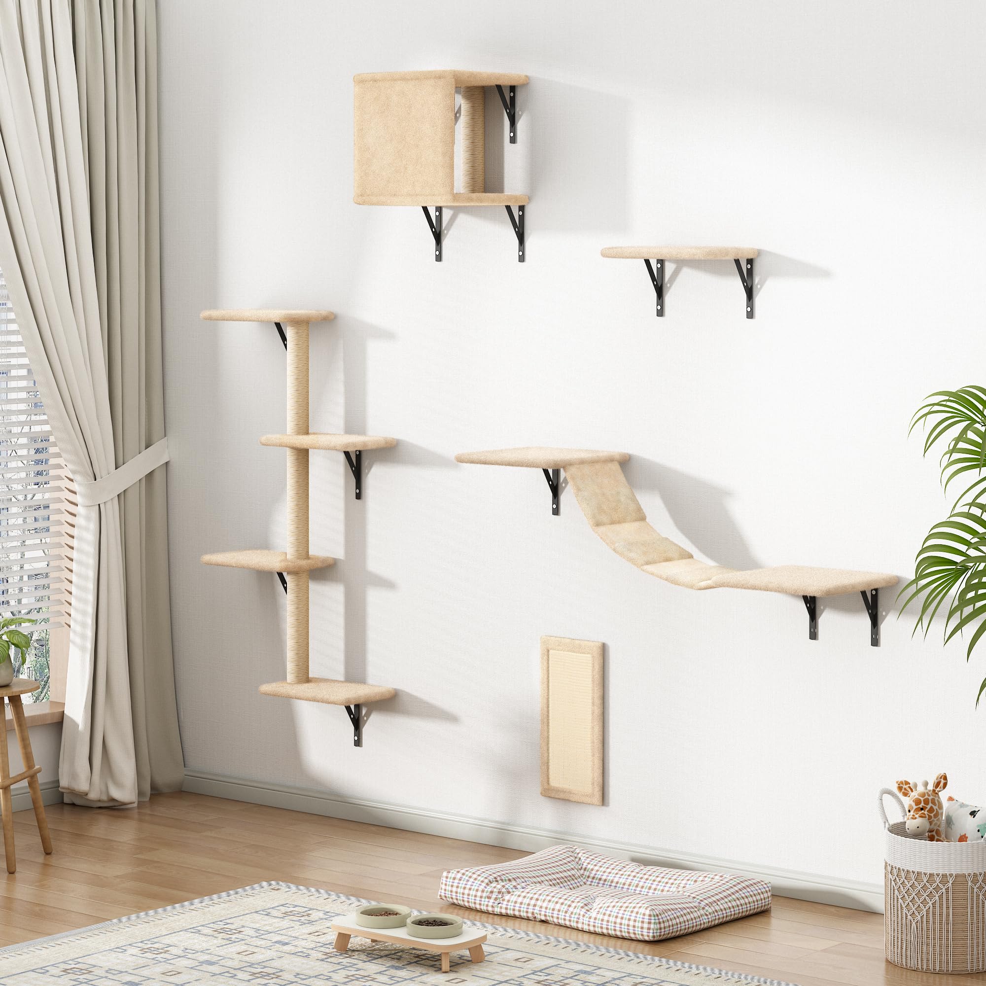 COZIWOW Cat Wall Shelves and Mounted Perches, Climber Set with 5pcs Including Cat Scratching Post, Hanging Bed, House, Steps, Tr