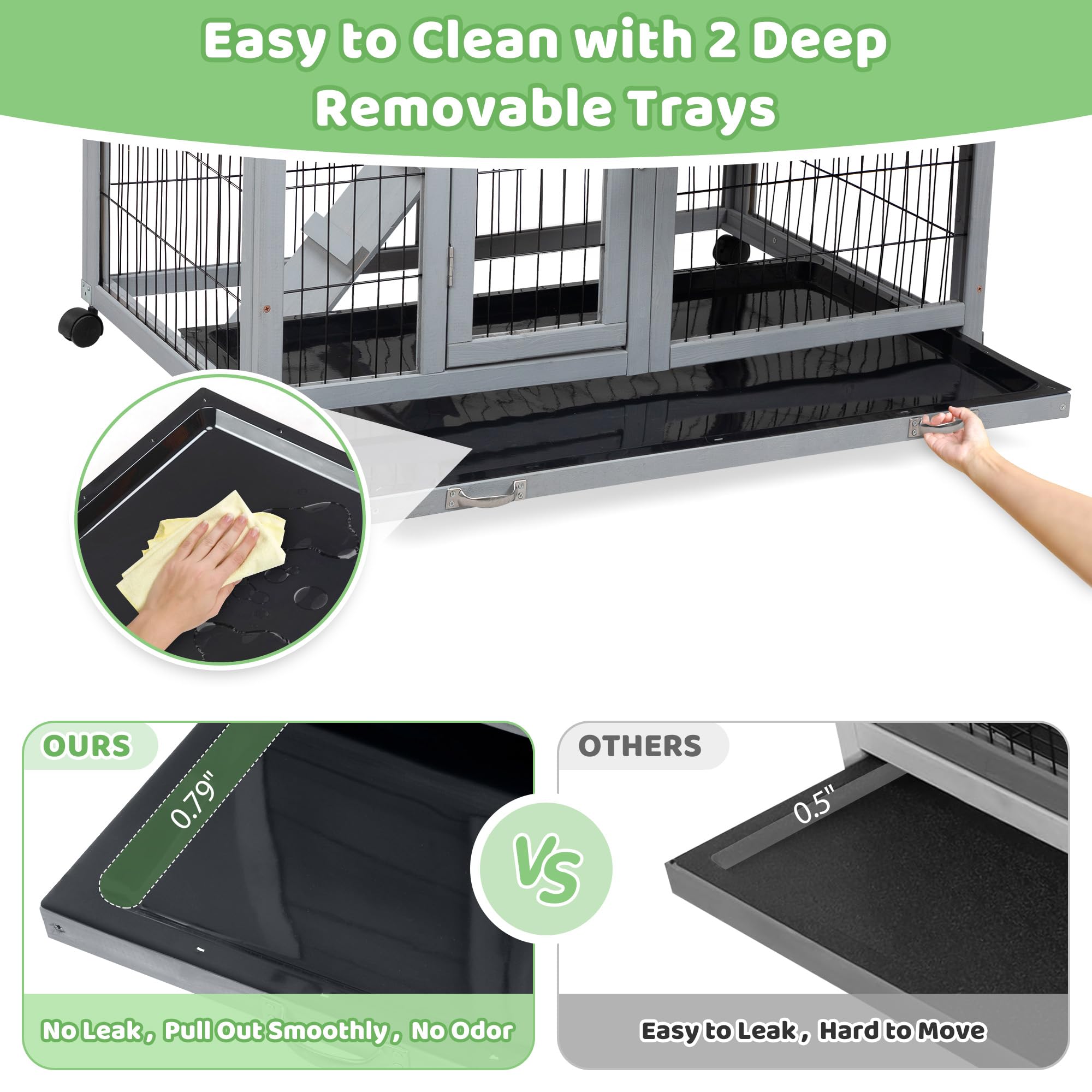 Rabbit Hutch Indoor Outdoor Bunny Cage 39'' L Large 2-Story Wooden Small Animal House Enclosure With Wheels, 2 Removable Trays,