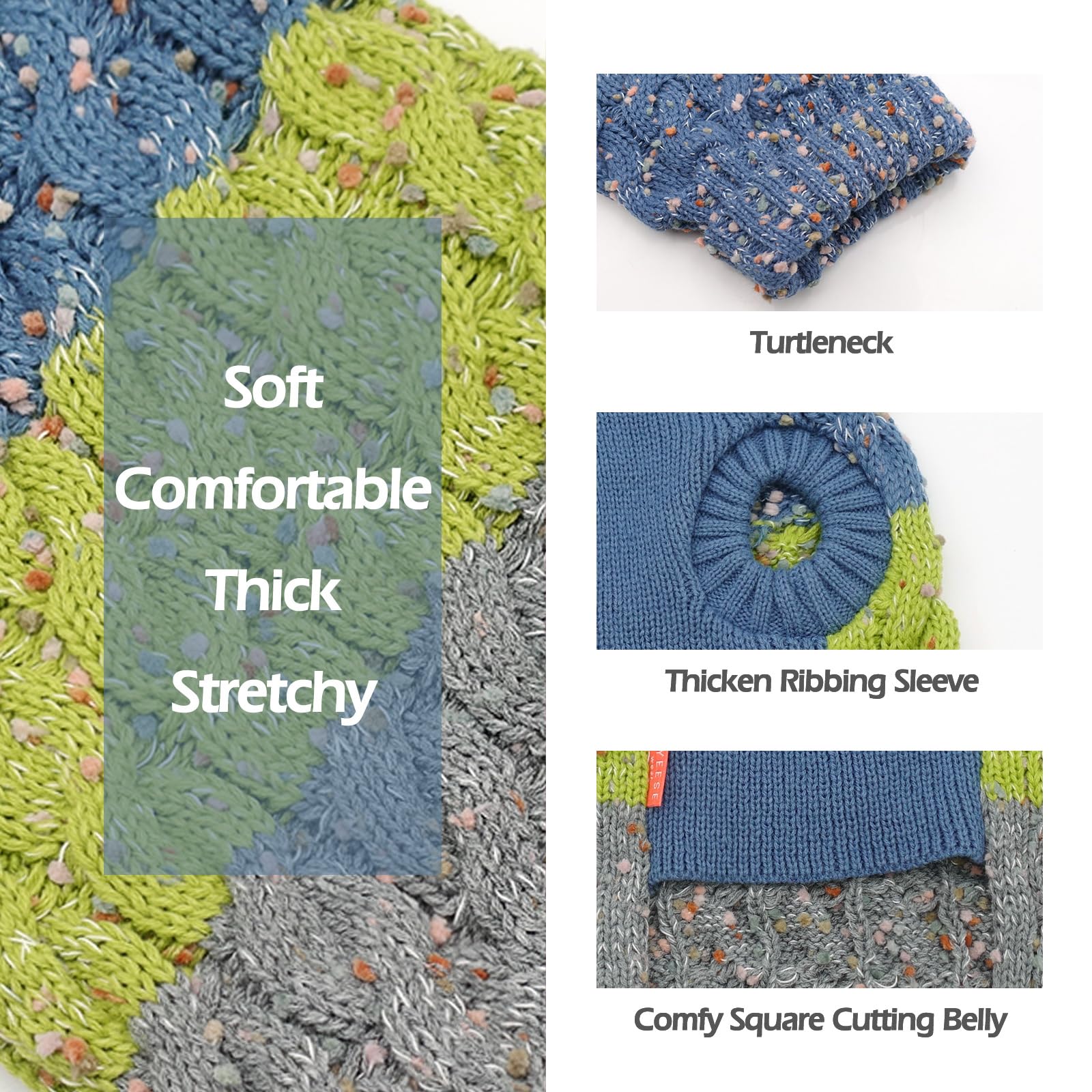 Kyeese Dog Sweater, X-Large (19-27Lbs), 3# Green, High-Density Acrylic, Turtle Neck, Color Block, Medium Breeds, Fall Winter Dog