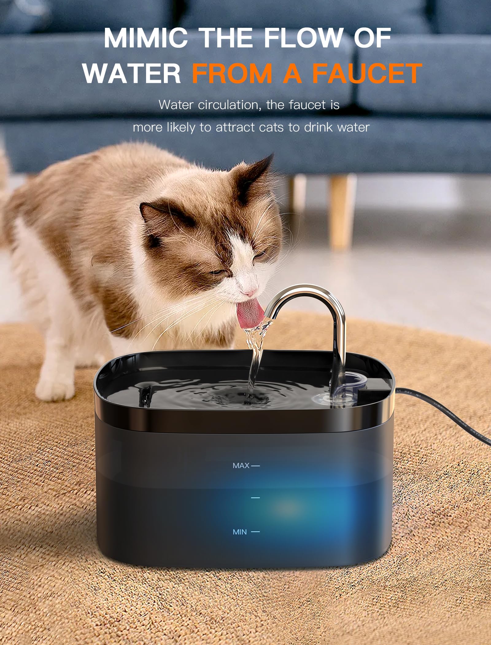 Cat Water Fountain, 84Oz/2.5L Cat Fountain, Super Silent Pet Water Fountain, Activated Carbon Filter, Translucent Pet Water Disp