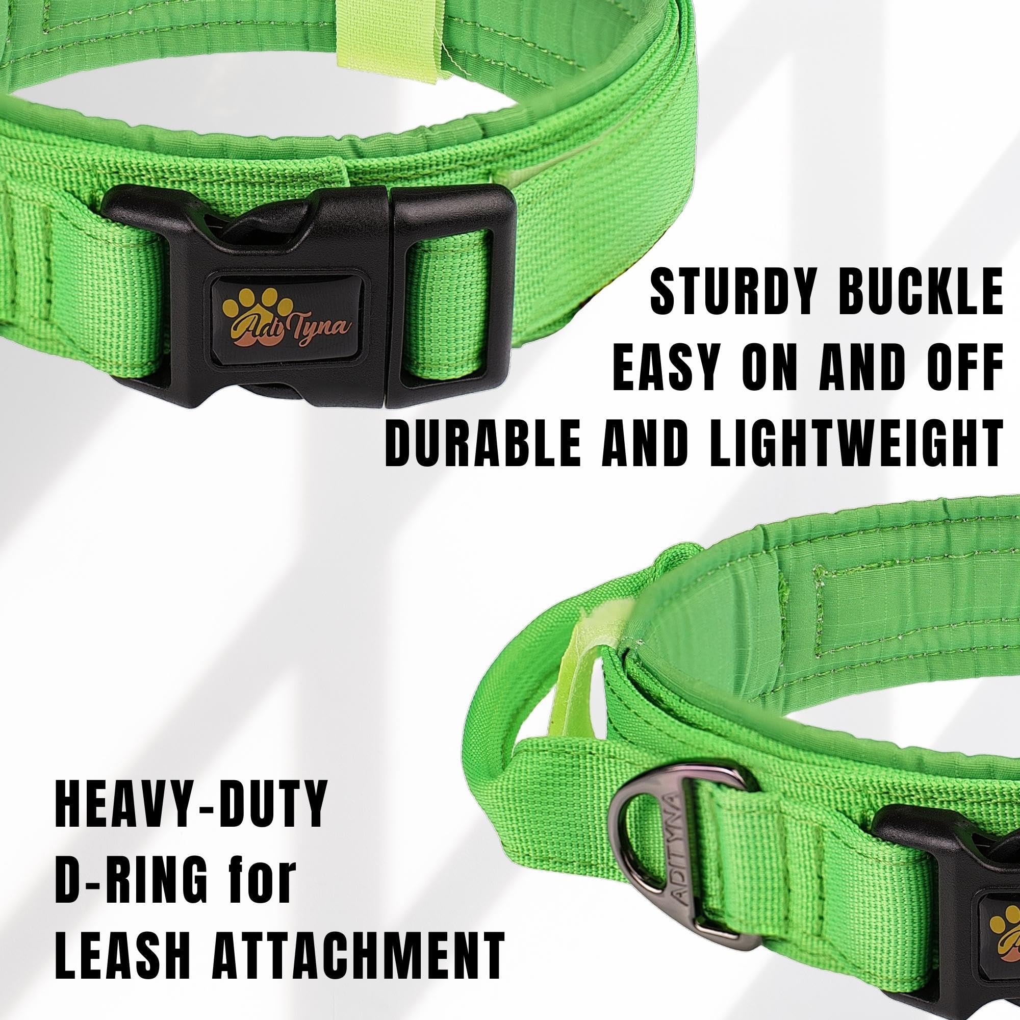 Adityna Tactical Dog Collar For Large Dogs - Soft Padded, Heavy Duty, Service, Adjustable Military K9 Green Collar With Handle F