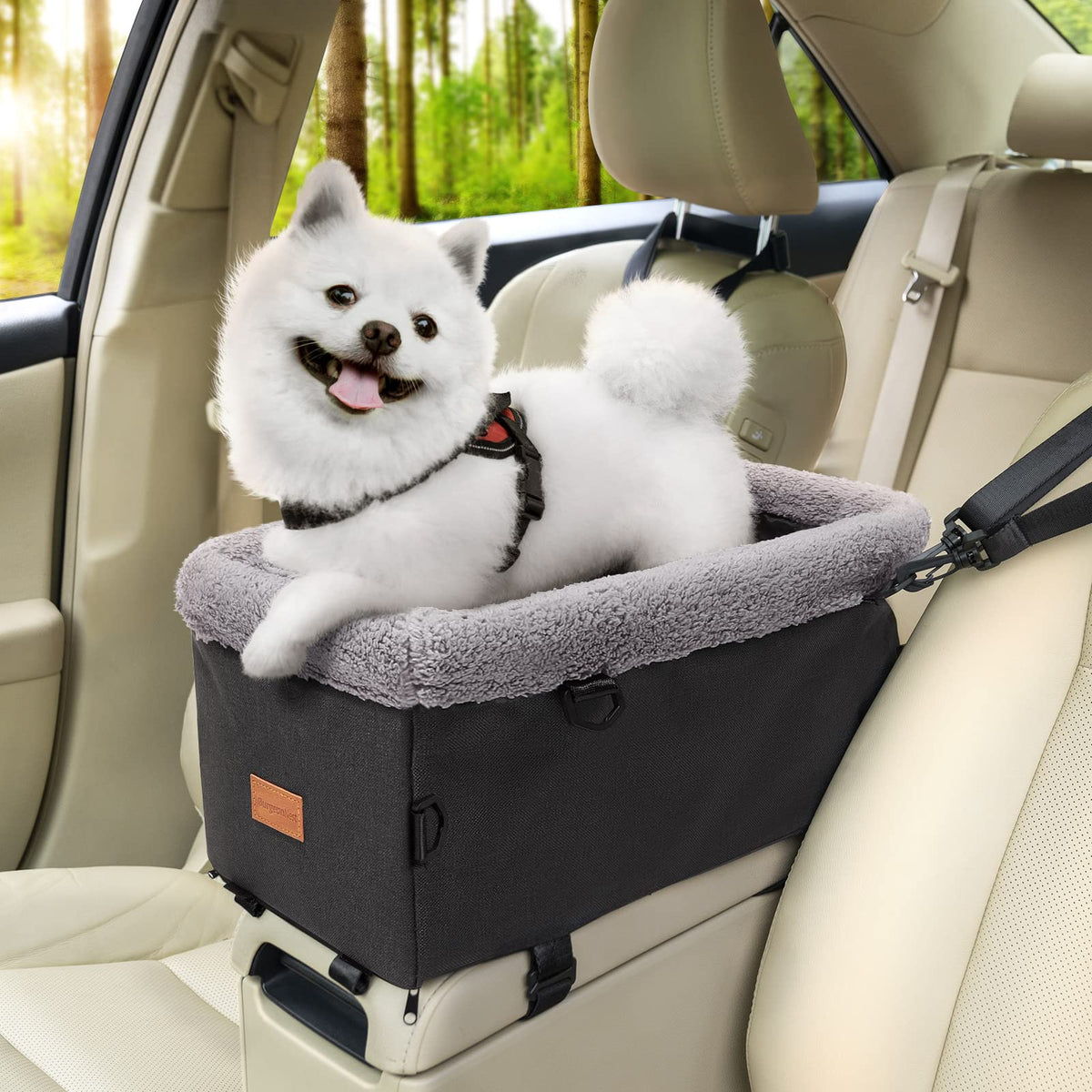 Burgeonnest Dog Carseat For Small Dog, Center Console Pet Booster Seat With Metal Frame, Upgraded Pet Carseat With Double Protection Seat Belts, Washable Cushion, Safety Leash And Storage Pocket