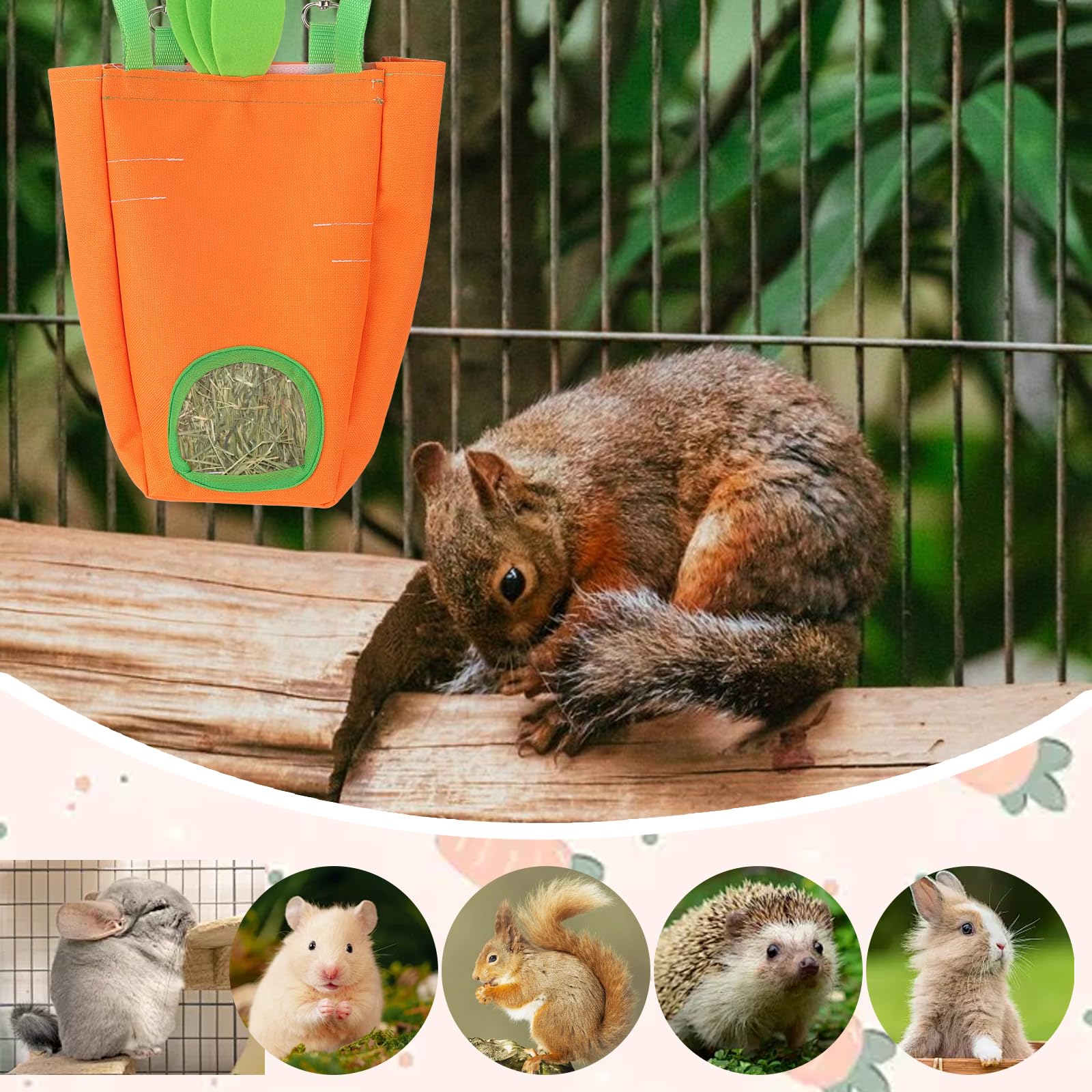 Abtols Rabbit Hay Feeder Bags, Hanging Hay Feeder For Cage Guinea Pigs Chinchillas Hamsters Orange Green Carrot Shape Bunny Smal