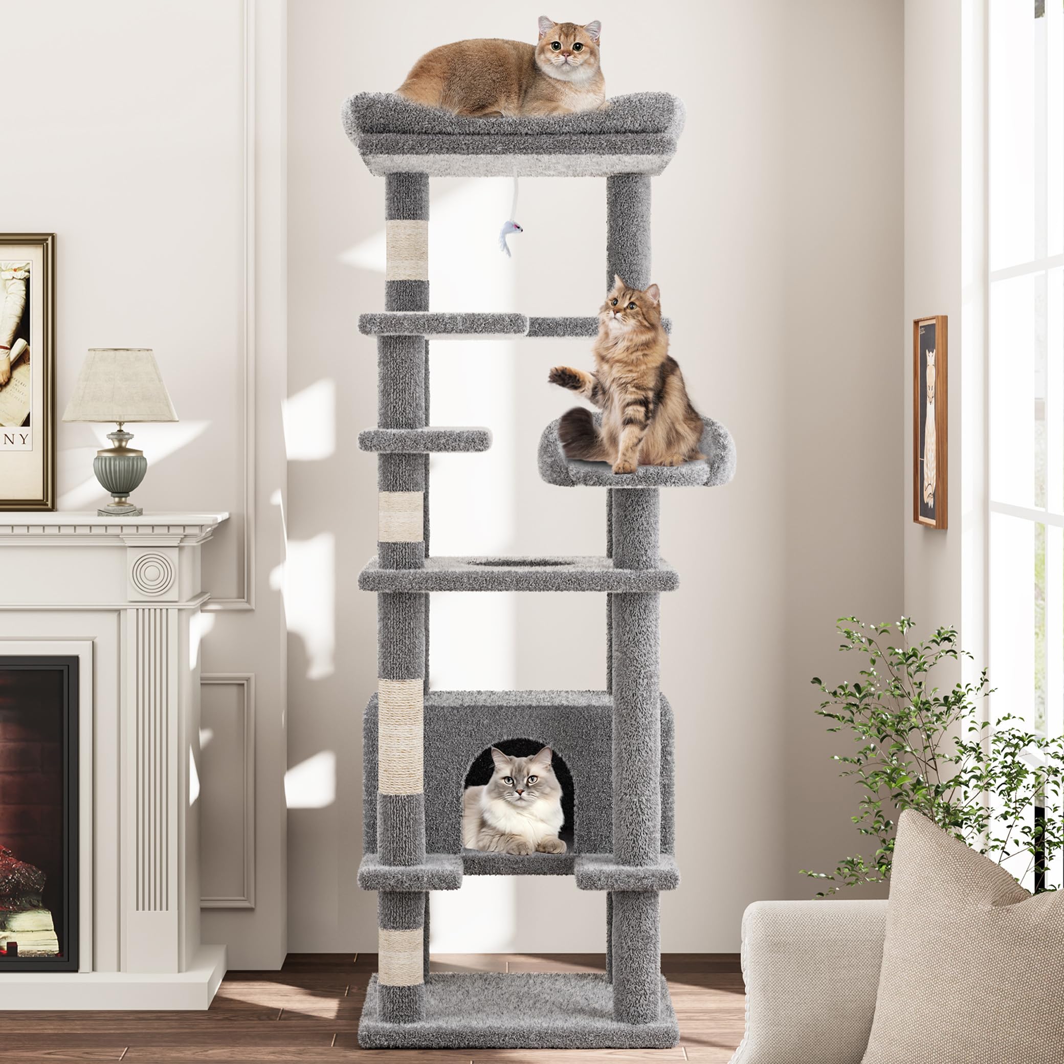 Cat Tree, Tall Cat Tower Condo For Indoor Large Cats, Cat House Furniture With Padded Plush Perch Sisal Scratching Posts