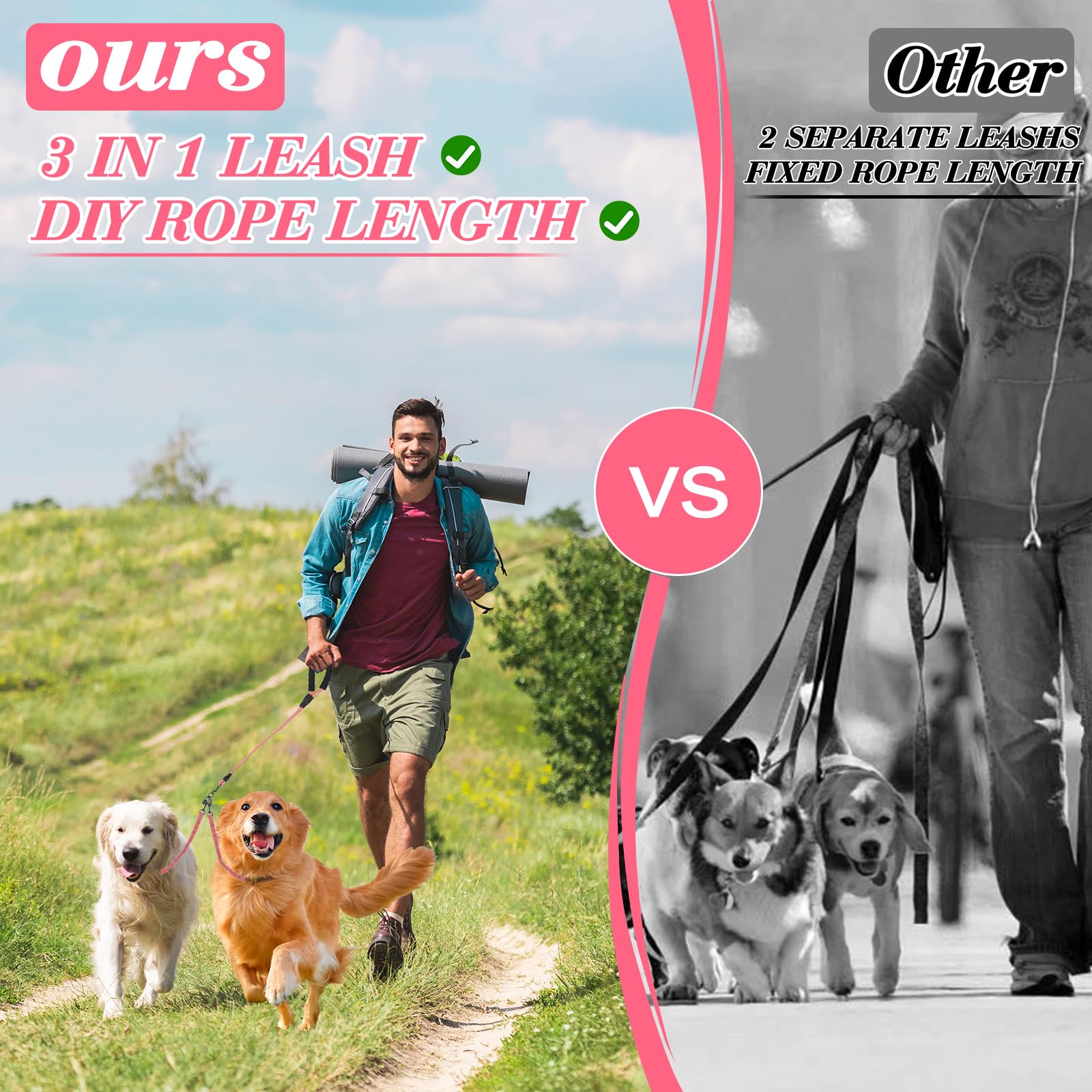 Dog Double Leashes,Rope Bungee Four Leash With Padded Handle Removable For 4 Dogs,Tangle-Free, Padded Handles, 360 Swivel Contro