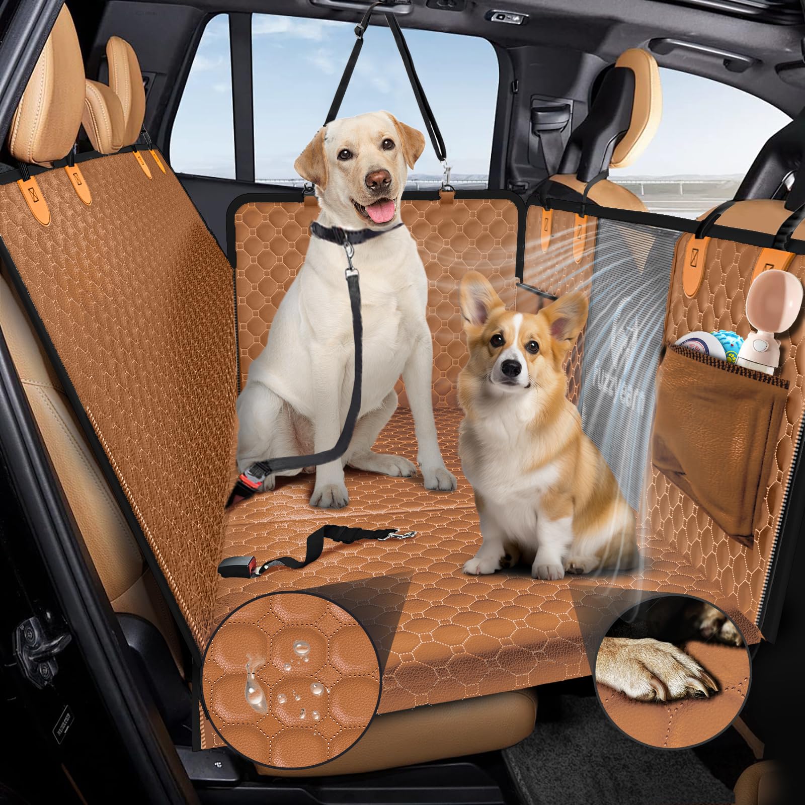 Fuzzyearn Back Seat Extender For Dogs,Leather Dog Car Seat Cover For Back Seat Hard Bottom Holds 400Lbs,100% Waterproof Dog Car 