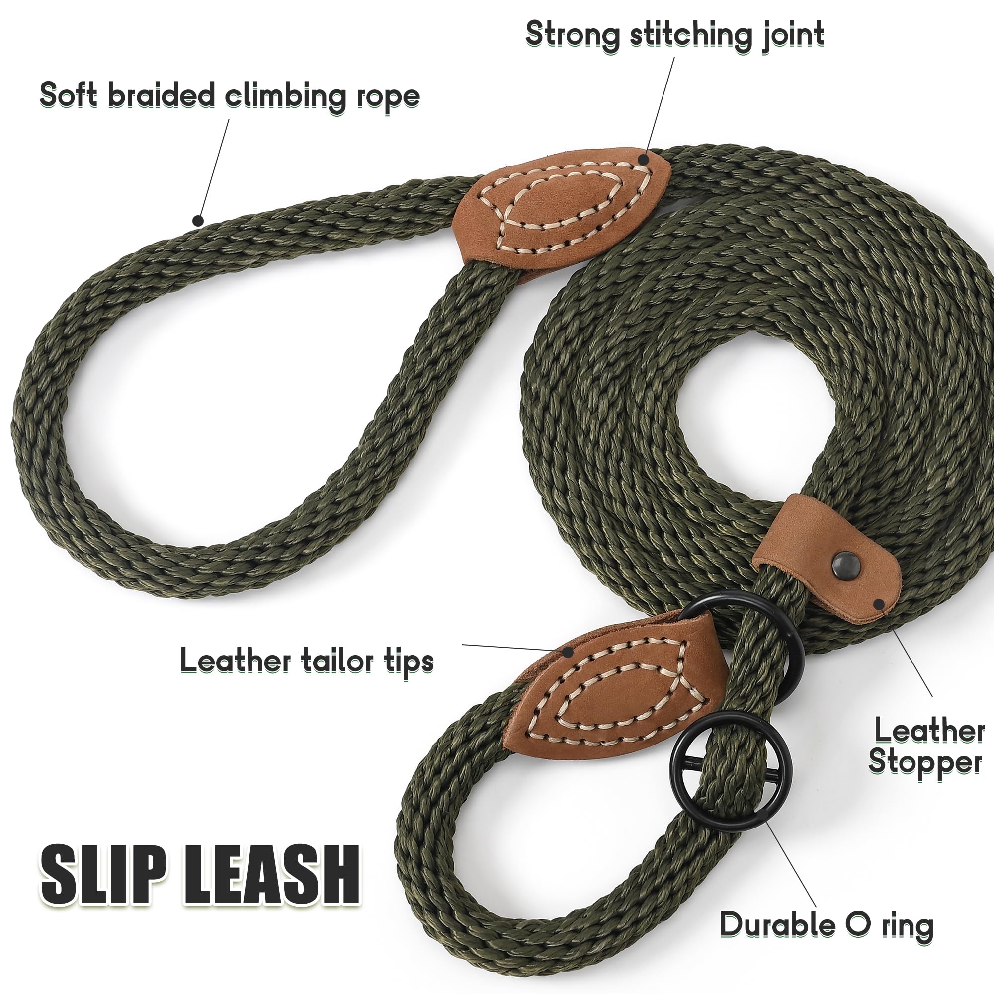 Mile High Life Slip Leads For Dogs | Heavy Duty Dog Training Leash | 5 Feet No Pull Slip Leashes W Leather Tip | Dark Green Rope Lead For Dogs Outside