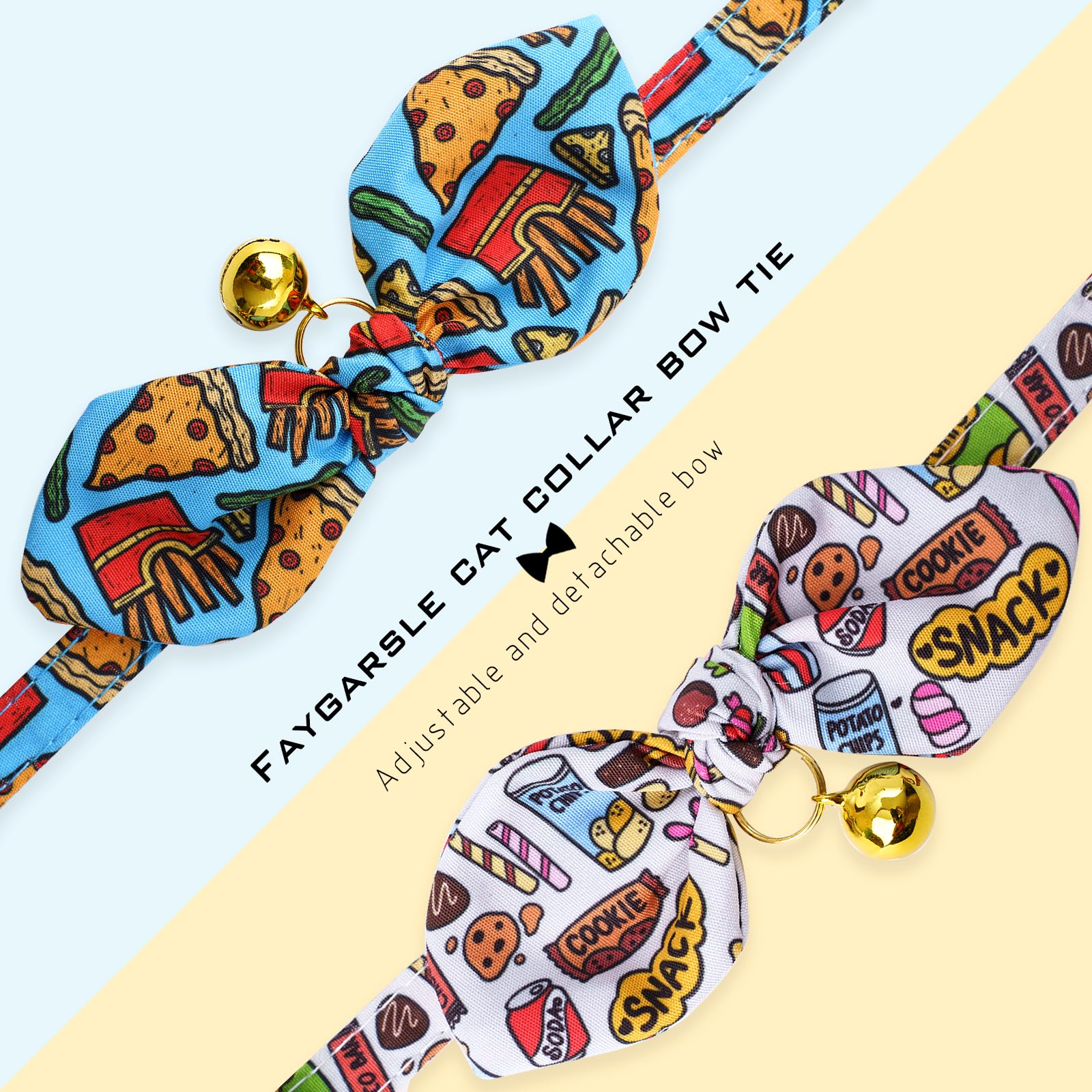 Faygarsle 2 Pack Breakaway Cute Cat Collars With Bow Ties Pattern With Pizza Snacks For Female And Male Cats