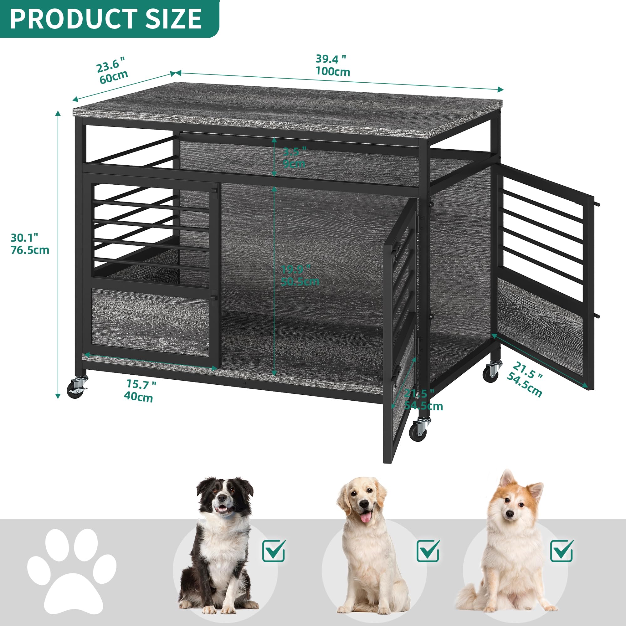 YITAHOME 39 Dog Crate Furniture with Wheels, Farmhouse Decorative Wood Dog Cage End Table Chew-Resistant Wooden Dog Kennel Indoo