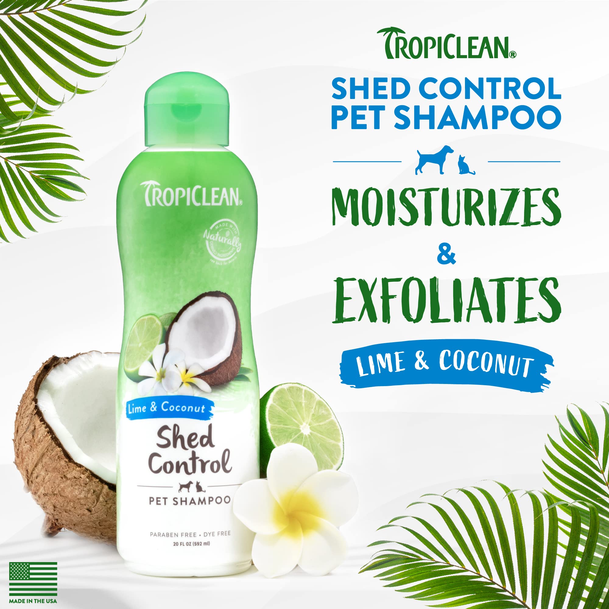 Tropiclean Deshedding Dog Shampoo, Fast-Acting Shedding Control & Coat Softener, Puppy Safe, Made In Usa, Lime & Coconut Scent, Cat Friendly, 20Oz.