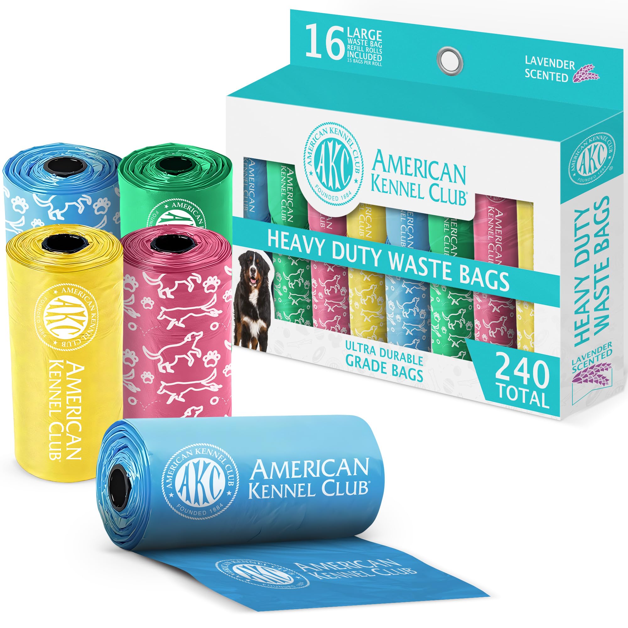 Akc Dog Poop Bags - Leak Proof Pet Waste Bags - 16 Refill Rolls - Lavender Scent - 240 Count (Puppy Print)