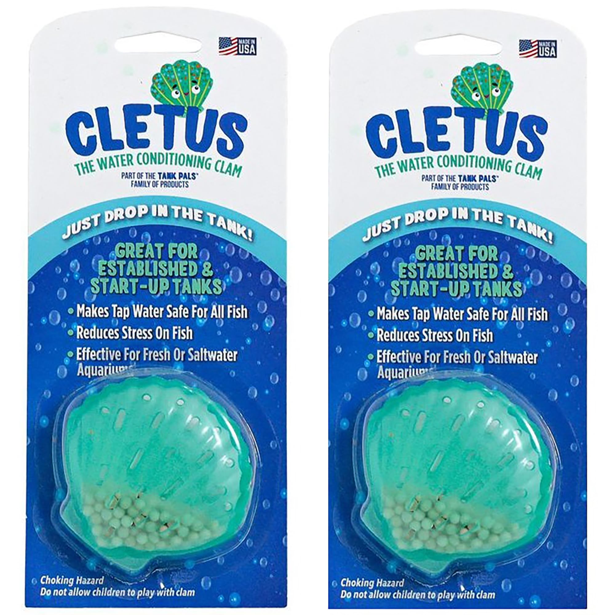 Tank Pals: Cletus The Water Conditioning Clam - 2 Pack, Blue - Fish Tank & Aquarium Water Preparation, Chlorine Neutralizer & He