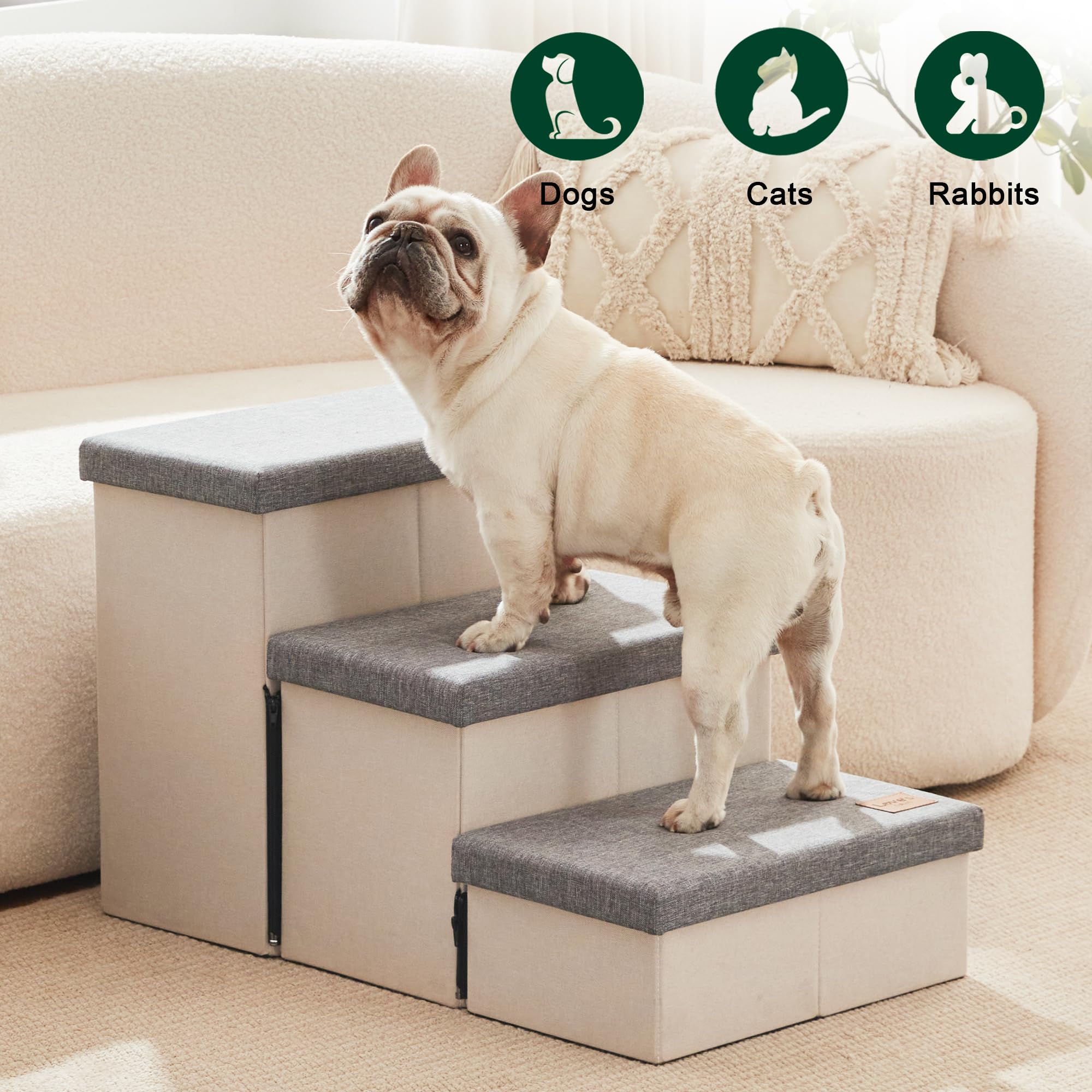 Love'S Cabin Dog Stairs For High Bed 18'H,Foldable Pet Stairs For Small Medium Or Large Dogs Puppy With Storage For Bed Or Couch, Cat Dog Steps Ramp With Zip Up To 210 Lbs(Light Grey,3 Steps No Condo)