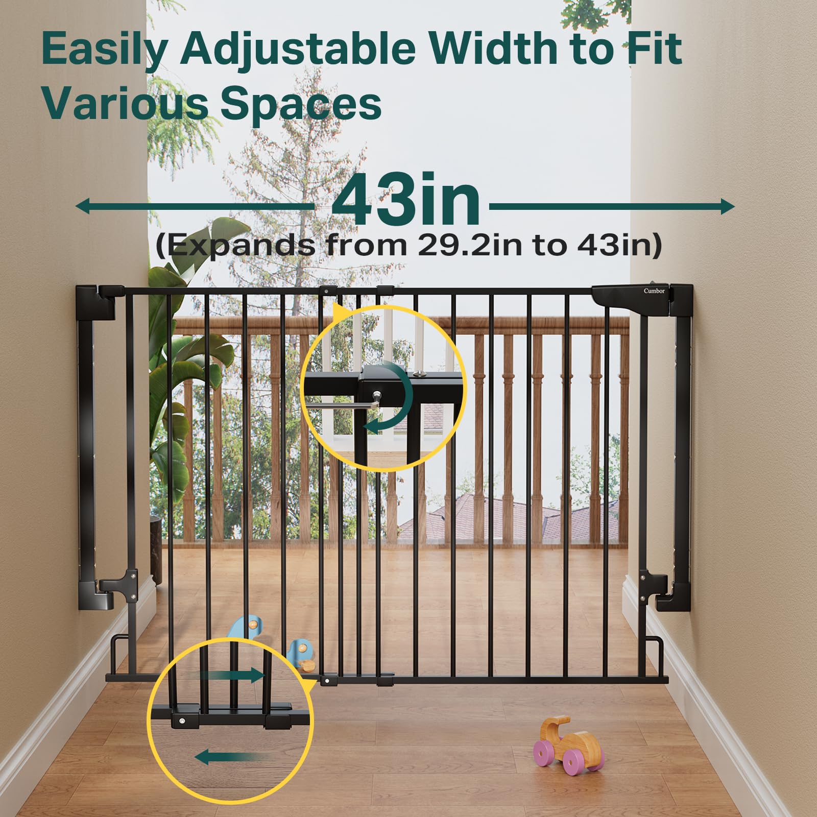 Cumbor 29.2-43 Baby Gate for Stairs, Wall-Mounted (Drill Required), Expandable No Bottom Bar Dog Gate, Auto Close Extra Wide Wal