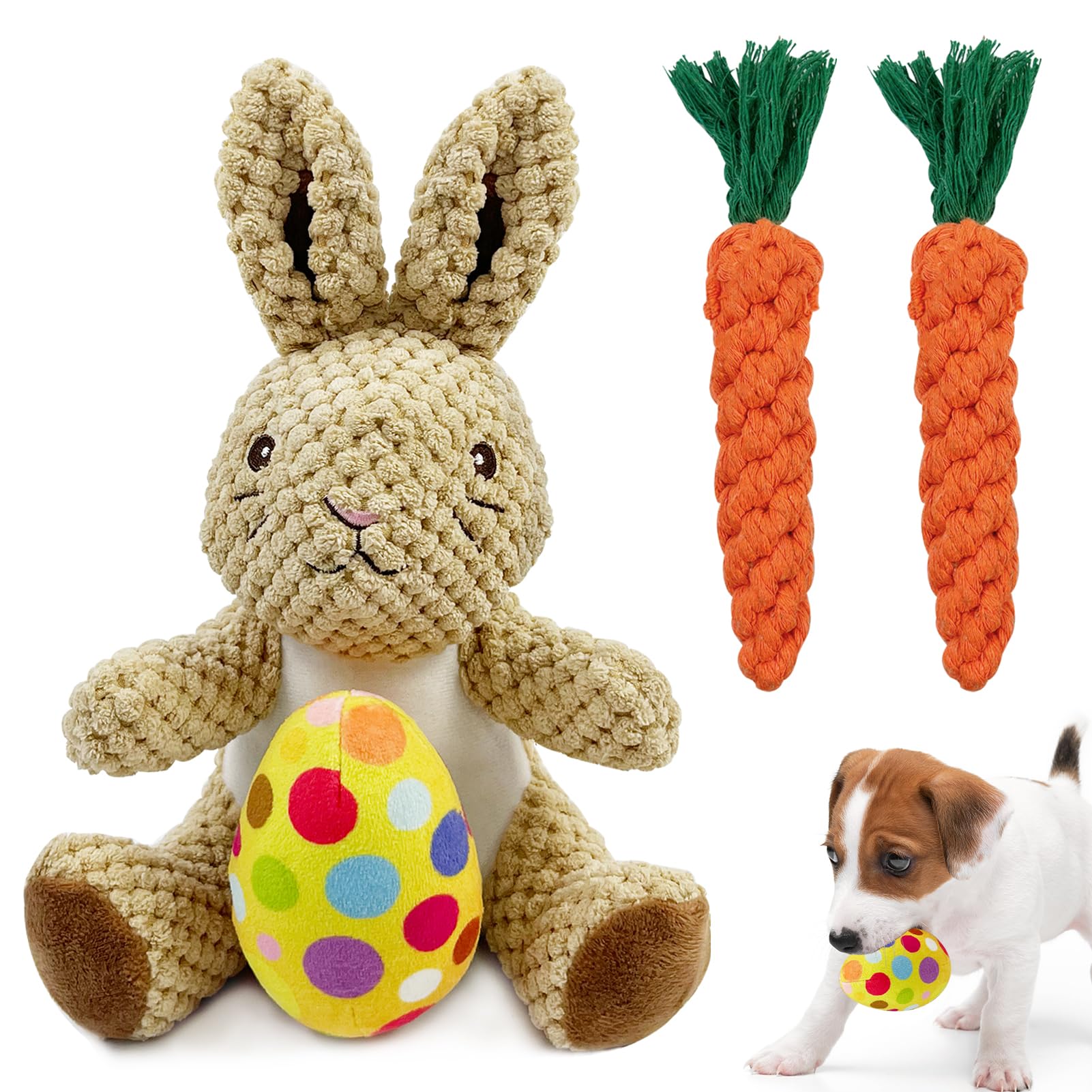 Aihsumc 4 Pcs Easter Dog Squeaky Toys, Stuffed Dog Toy Plush Easter Egg Bunny Rabbit Toys With Crinkle Interactive Rope Carrot E