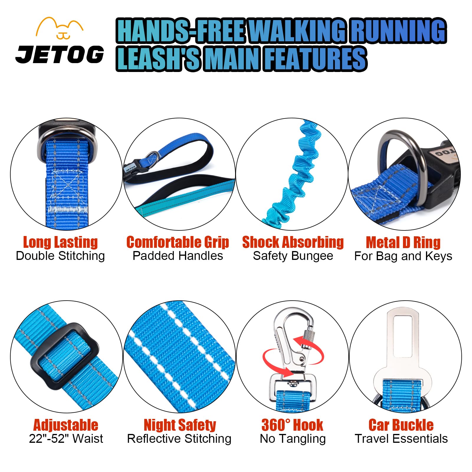 Jetog Heavy Duty Hands Free Dog Leash, 4-6 Ft Reflective Adjustable Waist Dog Leash Belt With Padded Handles, Shock Absorbing Bu