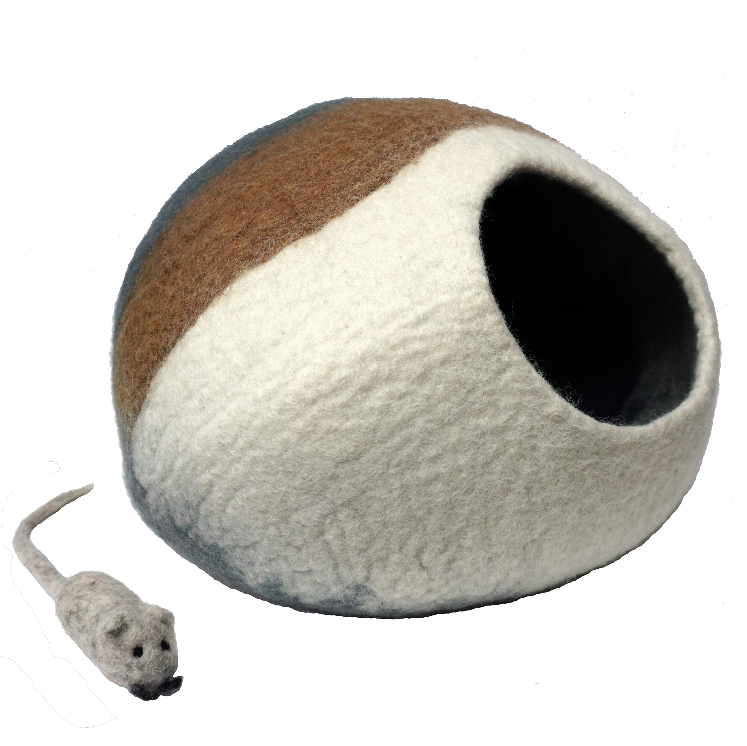 Mokoboho 100% Wool Felt Cat Cave Bed Handmade In Nepal With Free Mouse Toy Included (Gray/Tan/Cream)