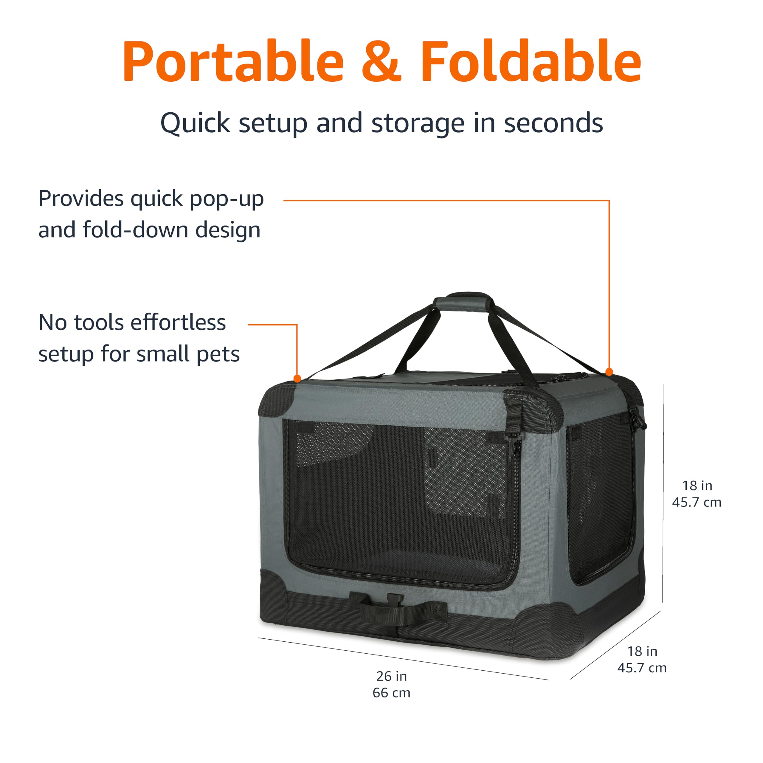 Amazon Basics 4-Doors Portable Soft-Sided Folding Travel Crate Kennel for cat, Dog, and Other Small Animals, Grey, S 26 x 18 x 1