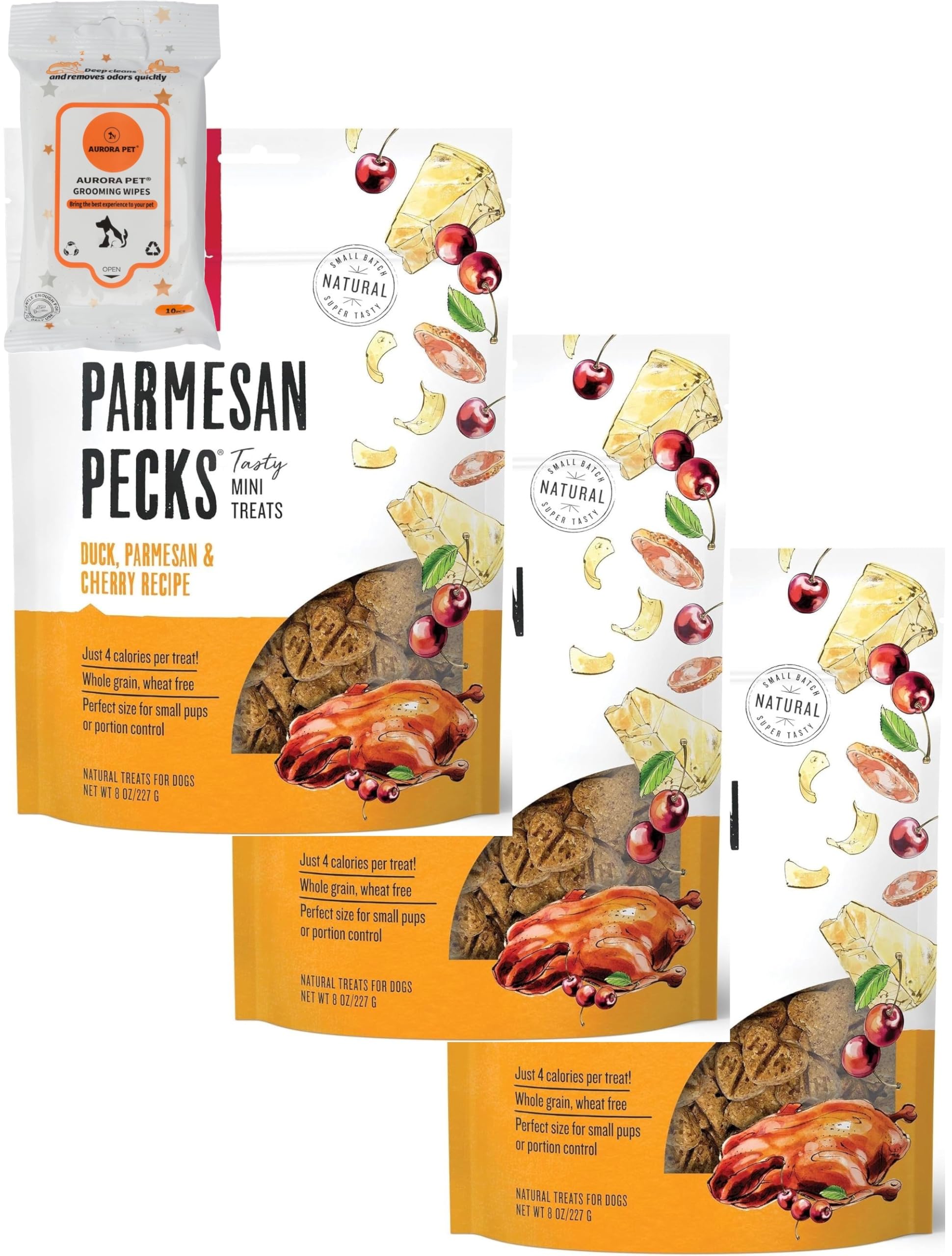 Aurora Pet Bundle (3) Parmesan Pecks Dog Treats Duck, Parmesan & Cherry Recipe (Each 8 oz) with AuroraPet Wipes