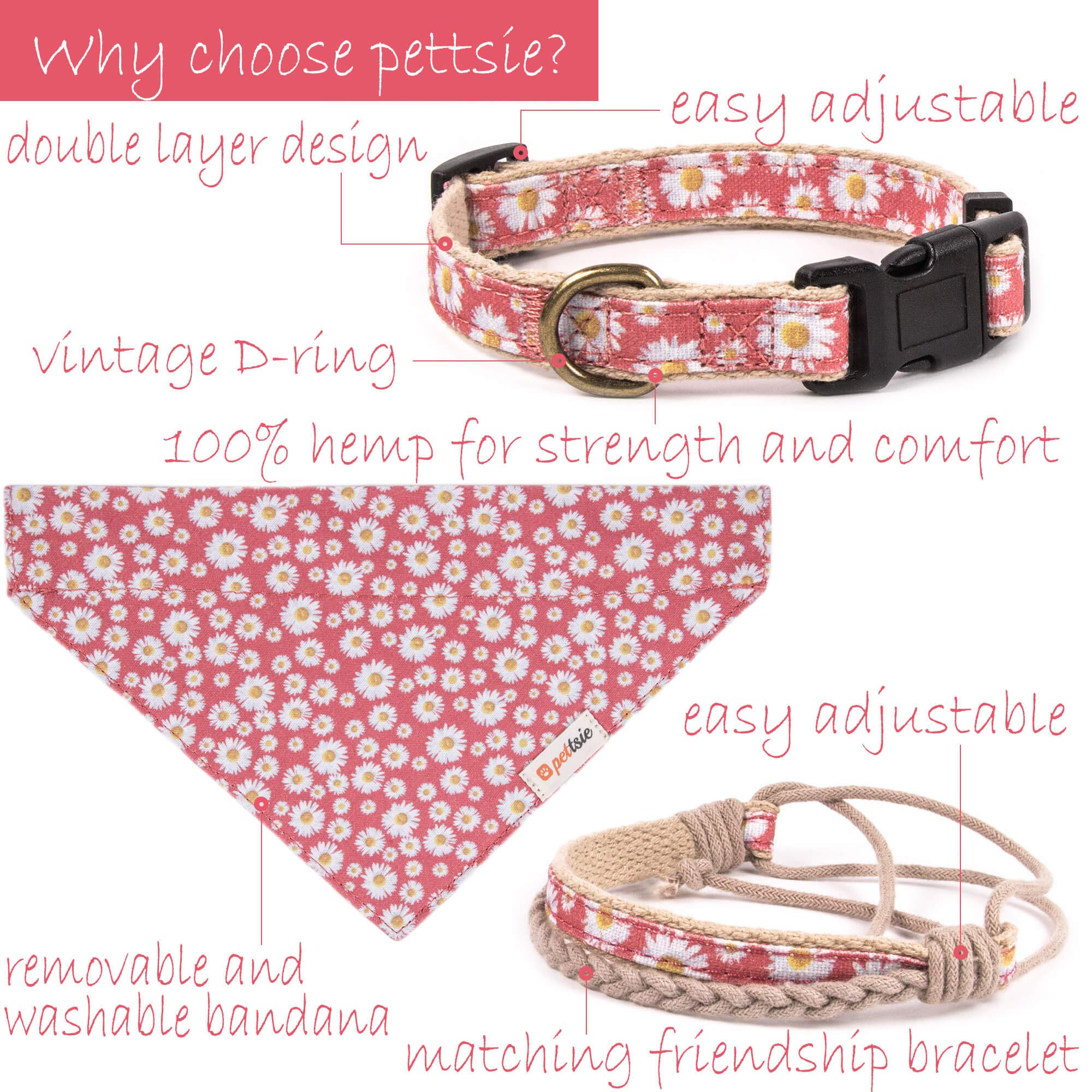 Pettsie Matching Dog Collar, Bandana, Friendship Bracelet, Durable Hemp, 3 Adjustable Sizes, Comfortable And Soft For Sensitive Skin, Carton Box, Strong D-Ring For Easy Leash Attachment, M, Pink