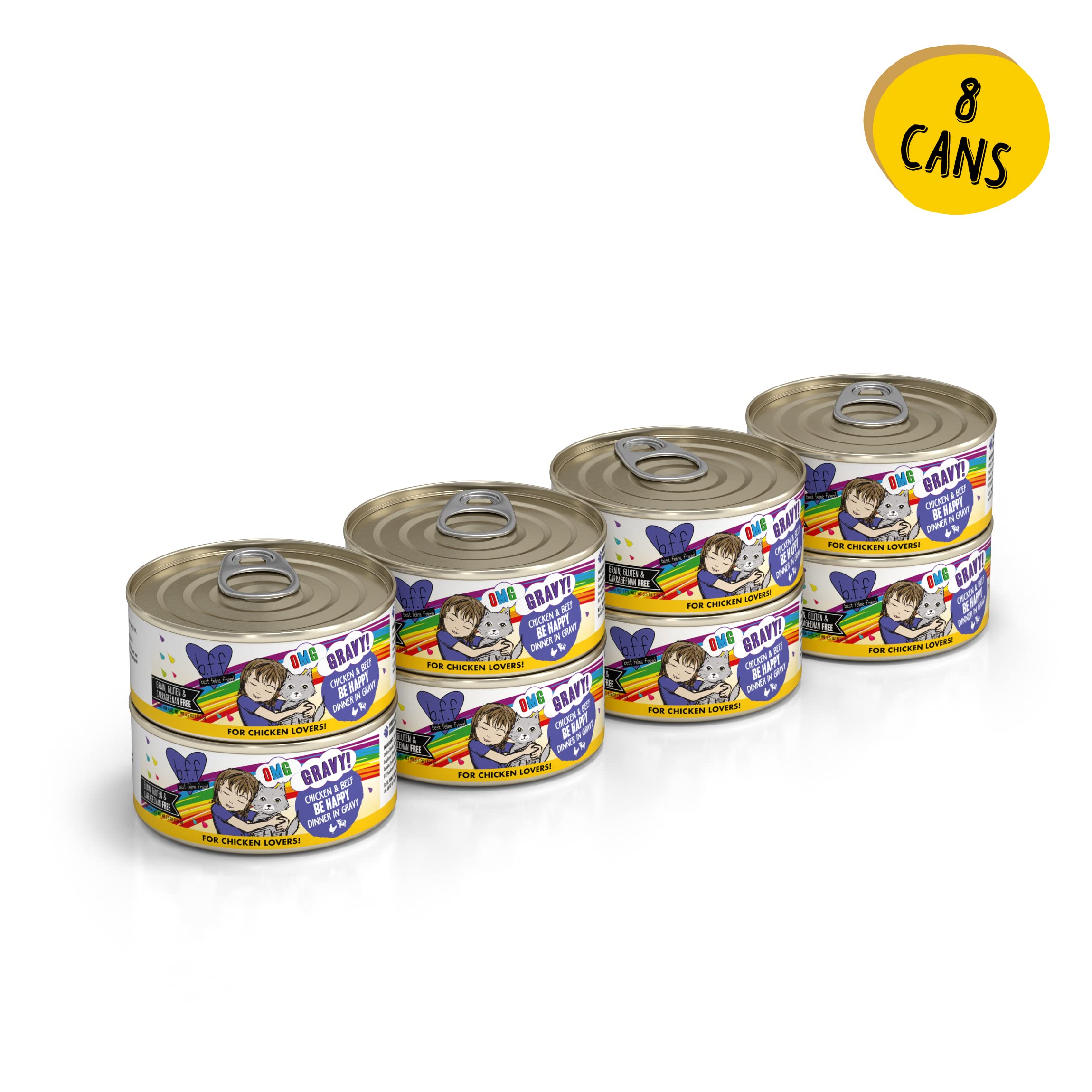 Weruva B.F.F. OMG - Best Feline Friend Oh My Gravy!, Chicken & Beef Be Happy with Chicken & Beef in Gravy, 5.5oz Can (Pack of 8)