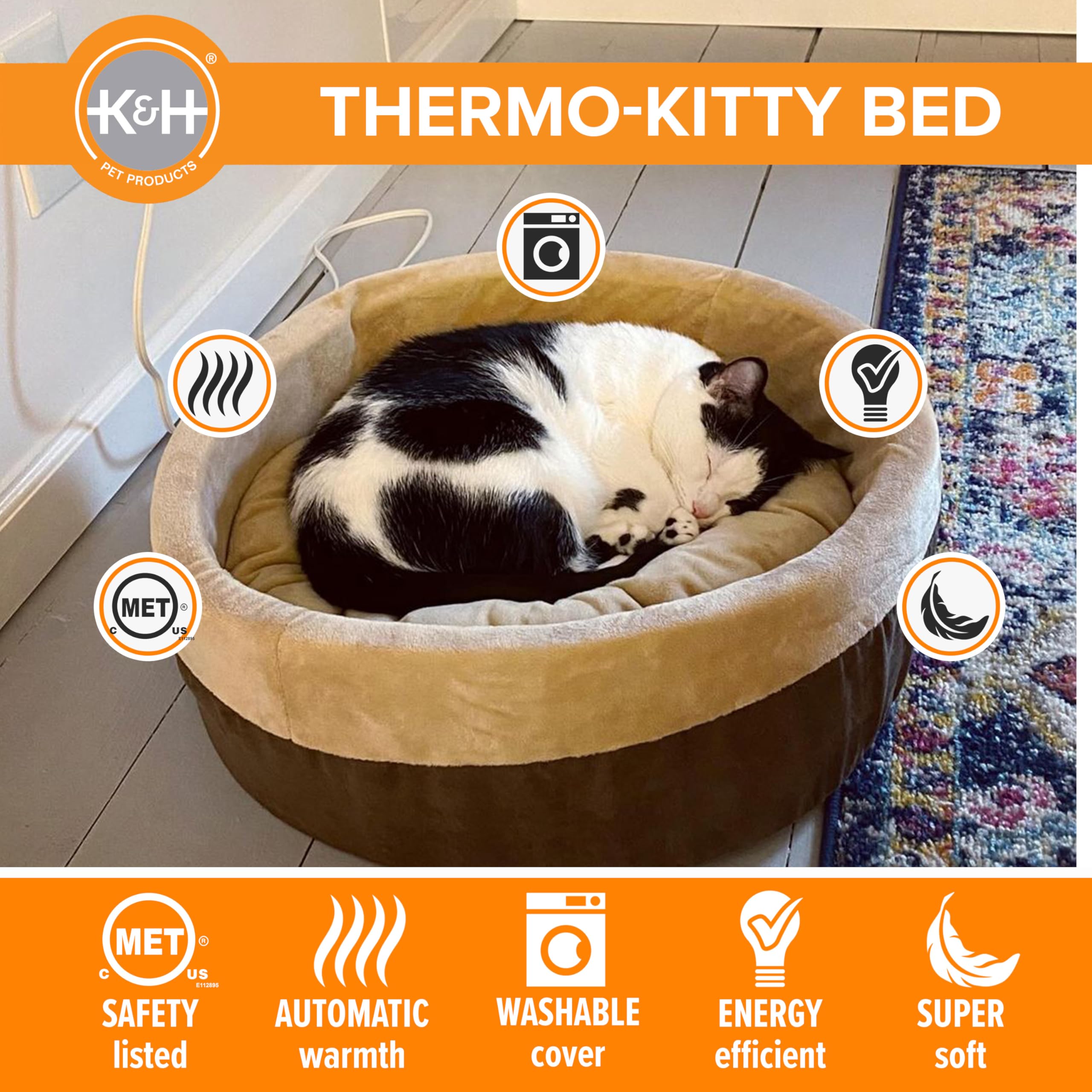K&H Pet Products Thermo-Kitty Bed Heated Cat Beds for Indoor Cats & Dogs, Calming Warming Pillow Pet Bed, Machine Washable, Remo