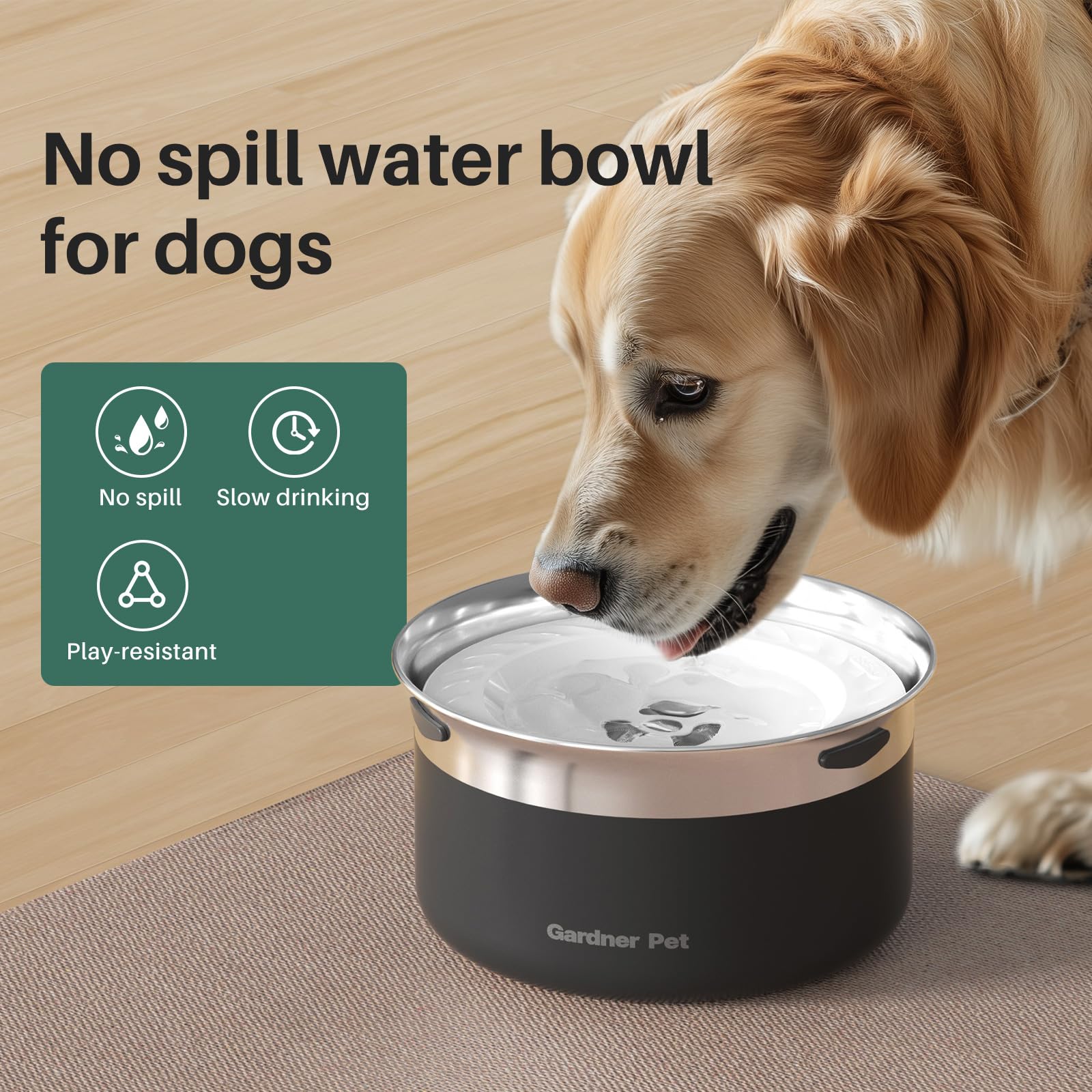 Gardner Pet Dog Bowls 1 Gallon (3.85L) Stainless Steel No Spill Dog Water Bowl, Slow Water Feeder Metal Bowls, Spill Proof Water
