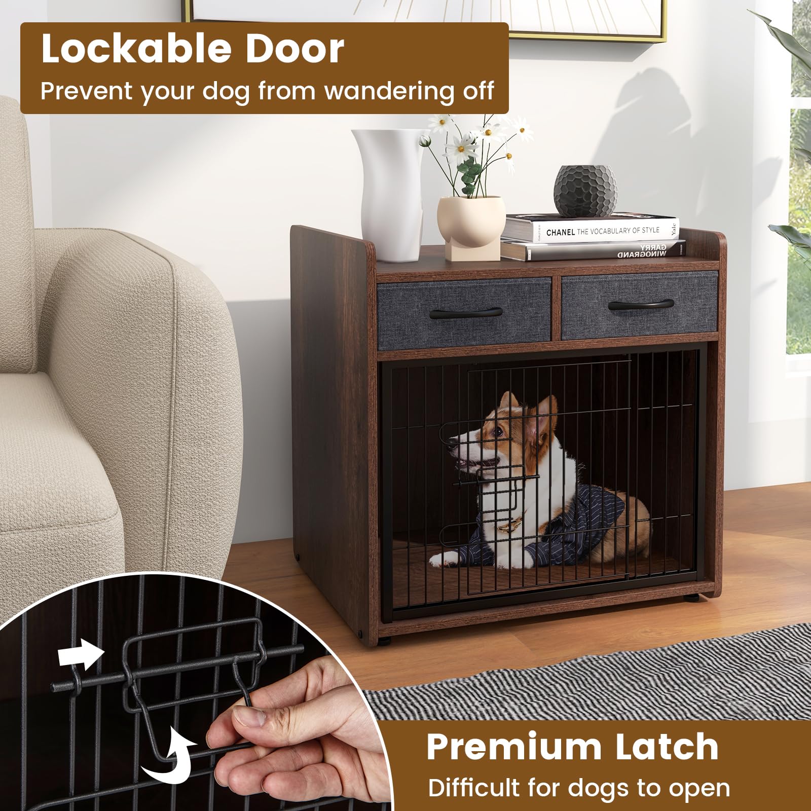 Giantex Dog Crate Furniture - Wooden Dog Cage End Table with 2 Storage Drawers, Latched Door, Pet House Dog Kennel Indoor for Sm