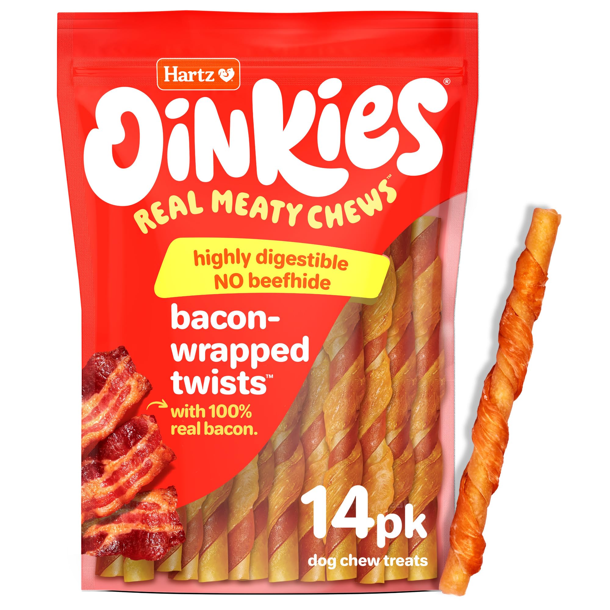 Hartz New Oinkies Bacon Wrapped Twists, Real Meaty Chews with 100% Real Bacon and No Beefhide, 14 Count