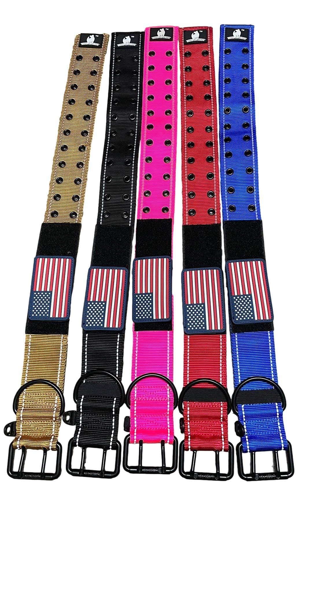 2' Personalized Tactical Dog Collar - Wide Thick Military Style With Strong Belt Buckle Closure - American Flag Patch - Reflective - Med And Xl Sizes For Large And Giant Dogs (20'-28', Blue)