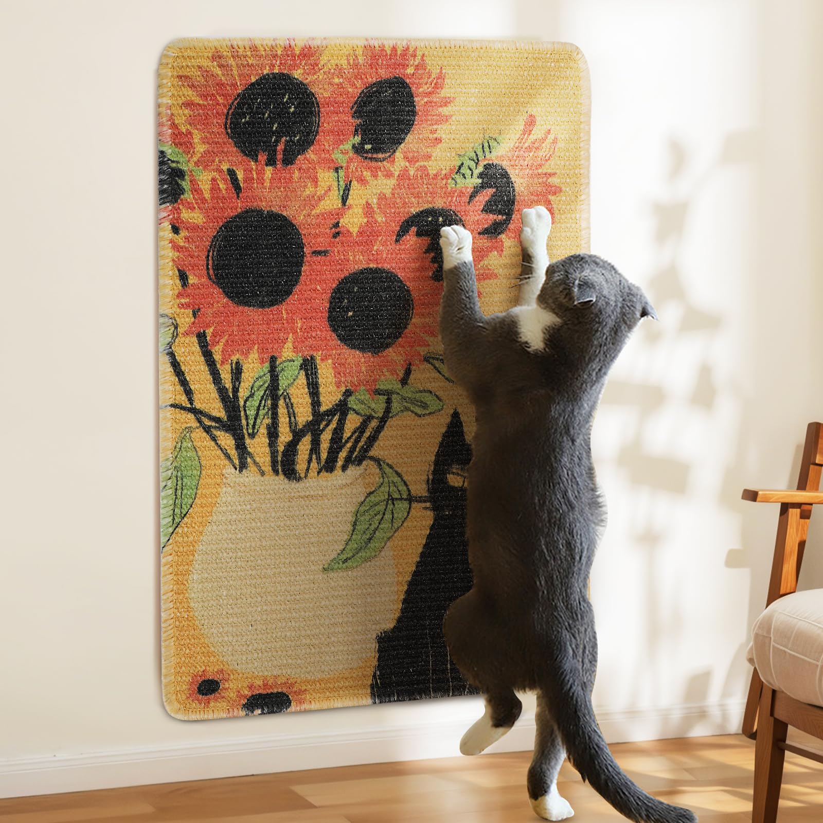 3-In-1 Sisal Cat Scratch Mat Sunflower 23.6X15.7'' Floor & Wall Cat Scratcher Pad, Protects Carpet Couch & Furniture With Sticke