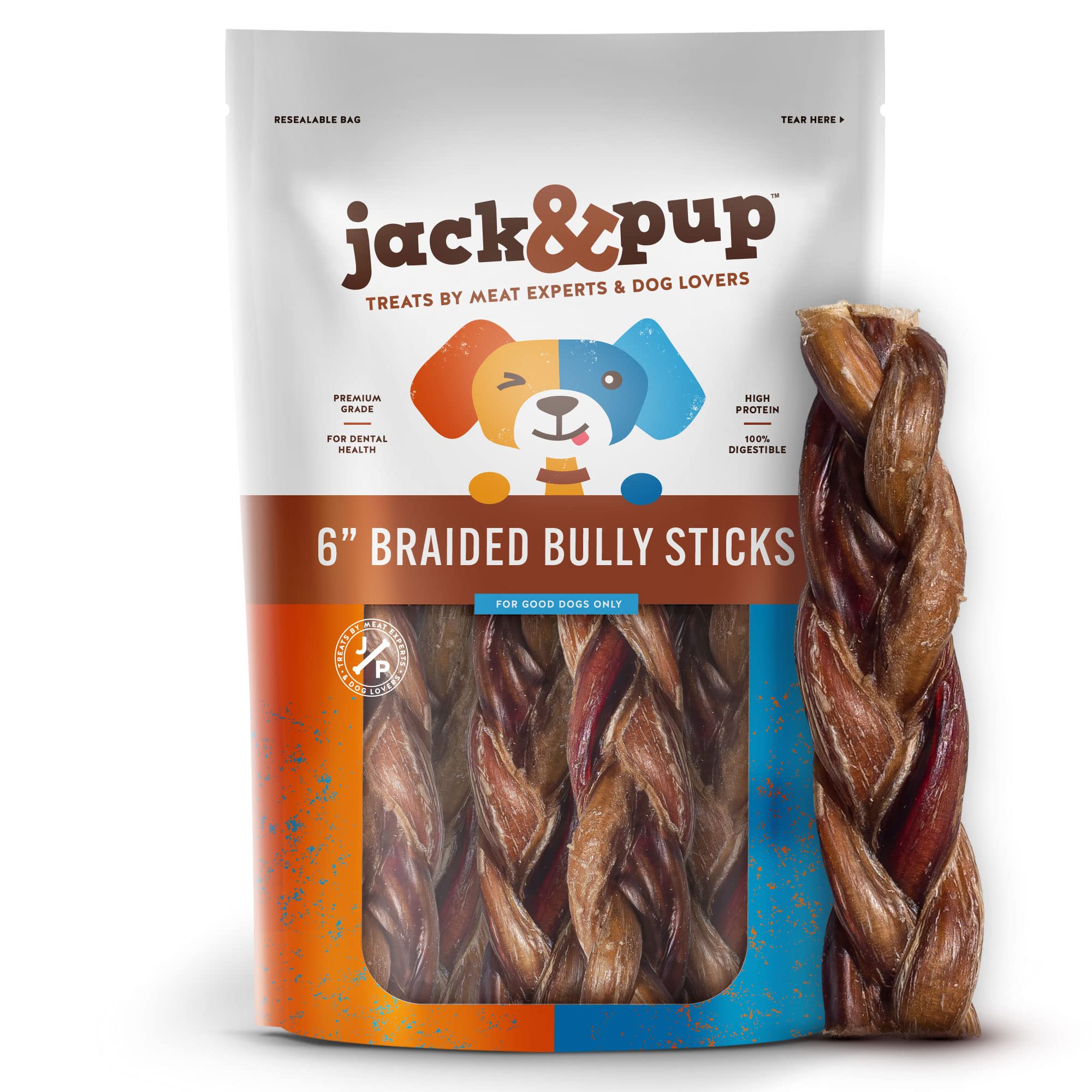 Jack&Pup 6 Braided Bully Sticks | Long Lasting Bully Sticks for Large Dogs Aggressive Chewers | Single Ingredient, All Natural (