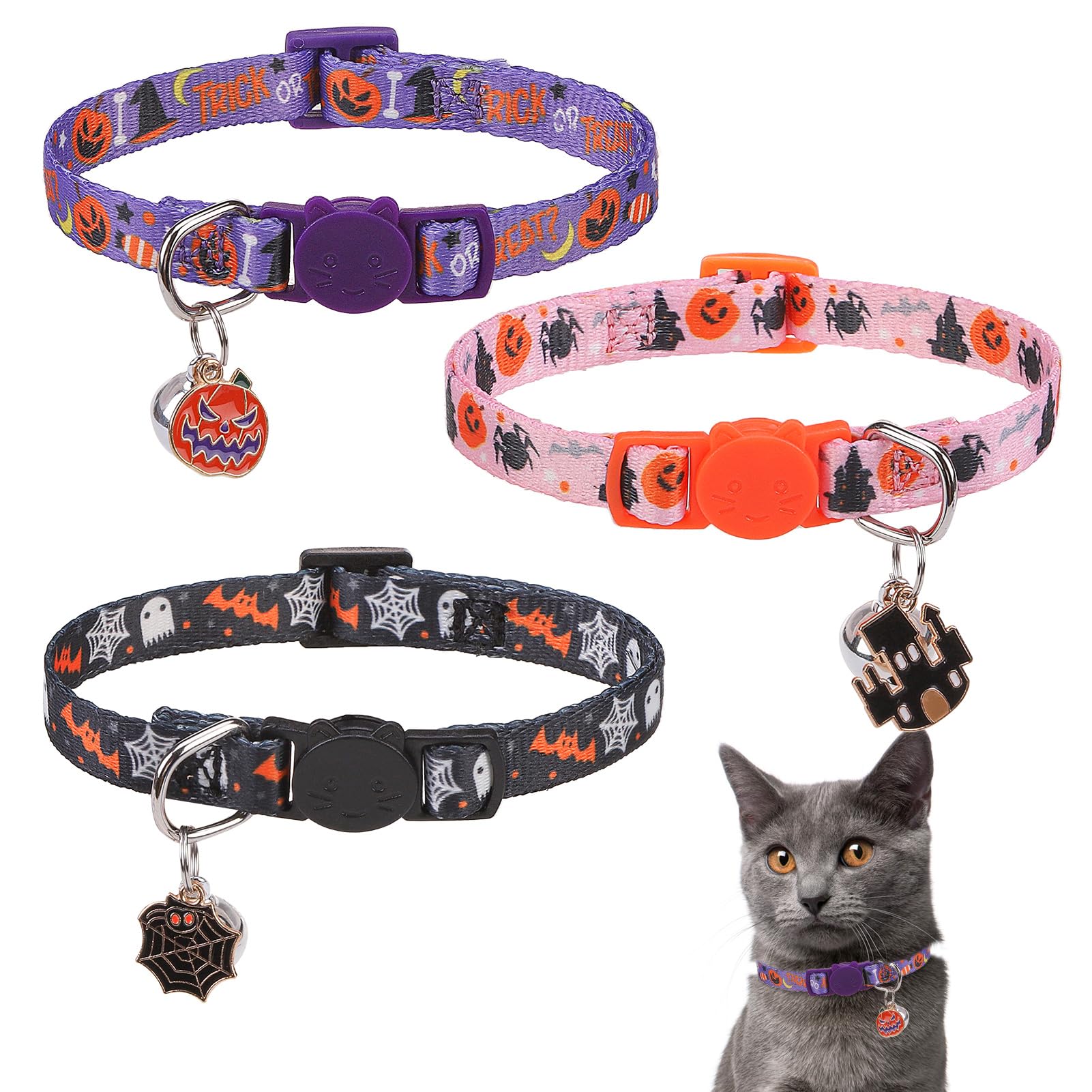 Scenereal Halloween Breakaway Cat Collar With Bells, Safety Buckle Soft Adjustable Cats Collars For Daily Wearing, Kitten Puppy 