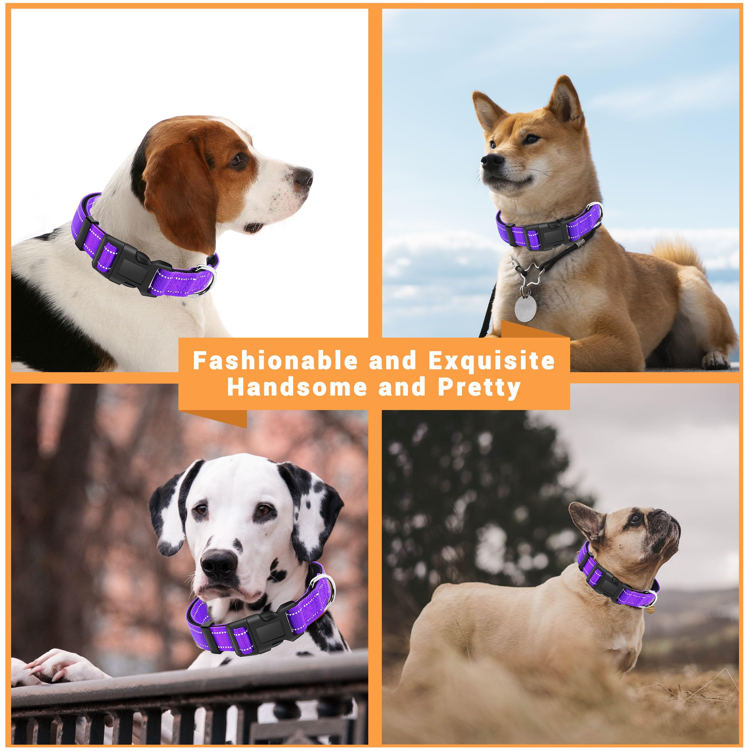 Lievuiken 2 Pack Reflective Dog Collar With Safety Locking Buckle, Adjustable Soft Breathable Comfortable Nylon Pet Collar For Small, Medium And Large Dogs, Purple, S