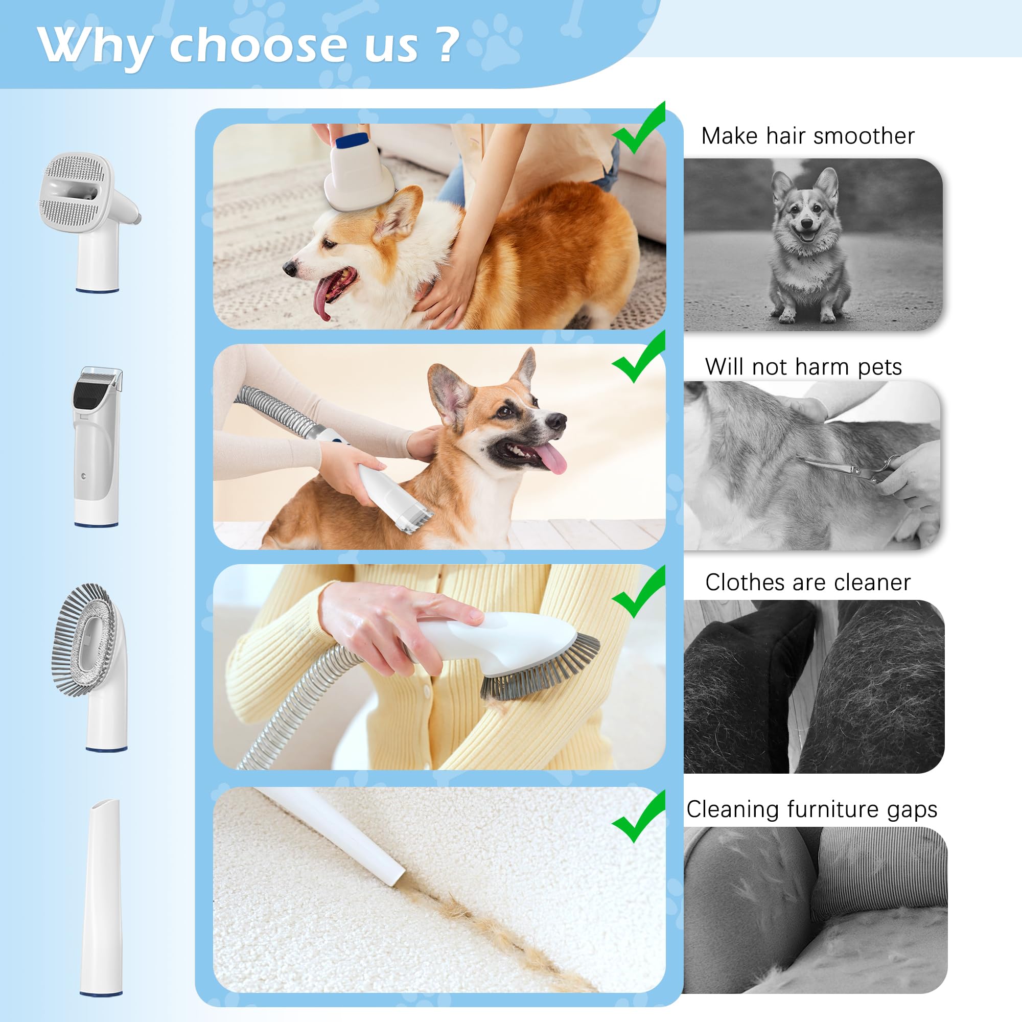 Lmvvc Pet Grooming Kit, Dog Grooming Clippers With 2.3L Vacuum Suction 99% Pet Hair, Pet Grooming Vacuum Low Noise With 5 Pet Grooming Tools And 4 Clipper Guards For Dogs Cats (Blue & White)