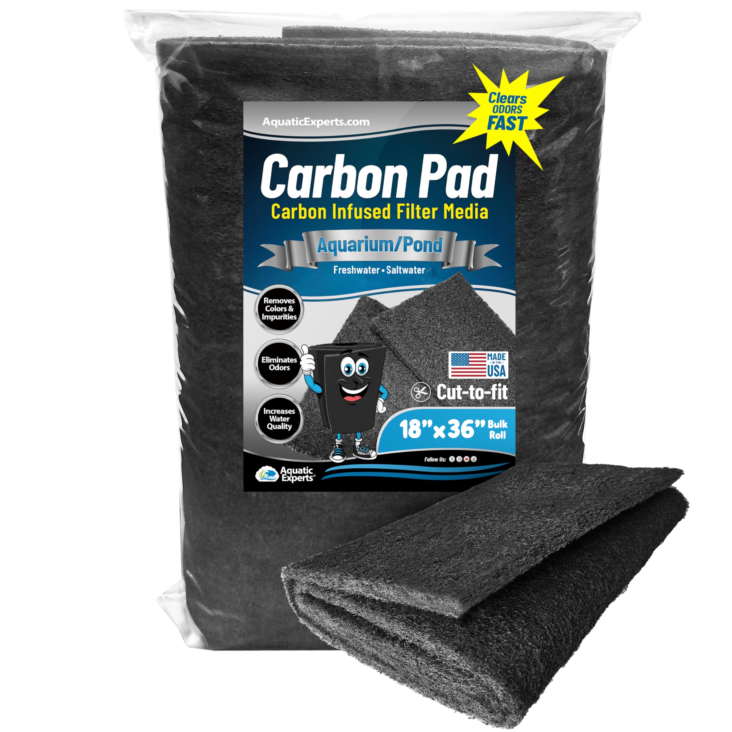 Aquarium Carbon Pad - Cut To Fit Carbon Infused Filter Pad Media For Crystal Clear Fish Tank And Ponds (18 Inch Width, 36 Inch L