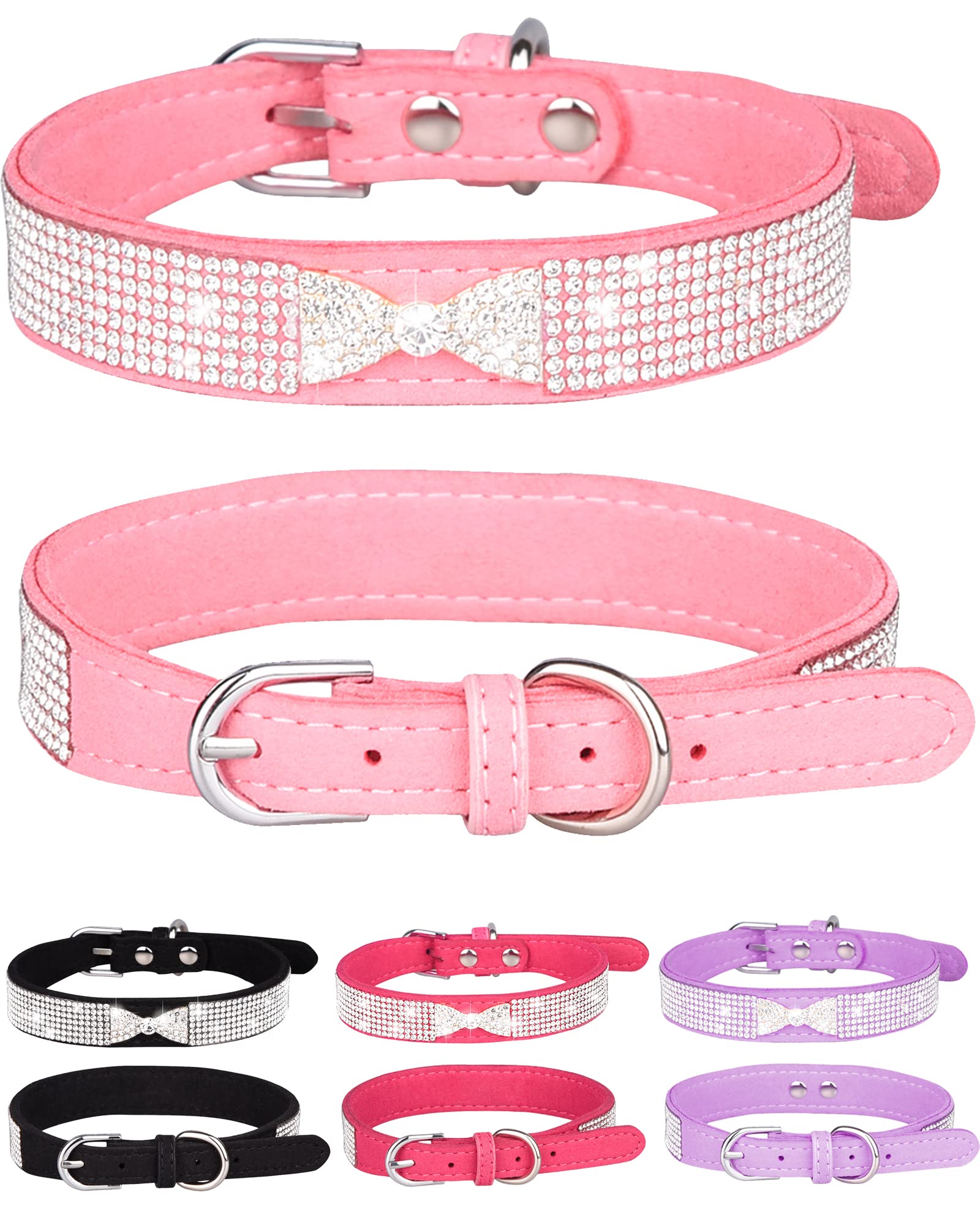Dog Collar For Small Dogs, Adjustable Leather Suede Bling Dog Collars,Pink Dog Collar Cat Collar, Rhinestone Dog Collar (M, Pink