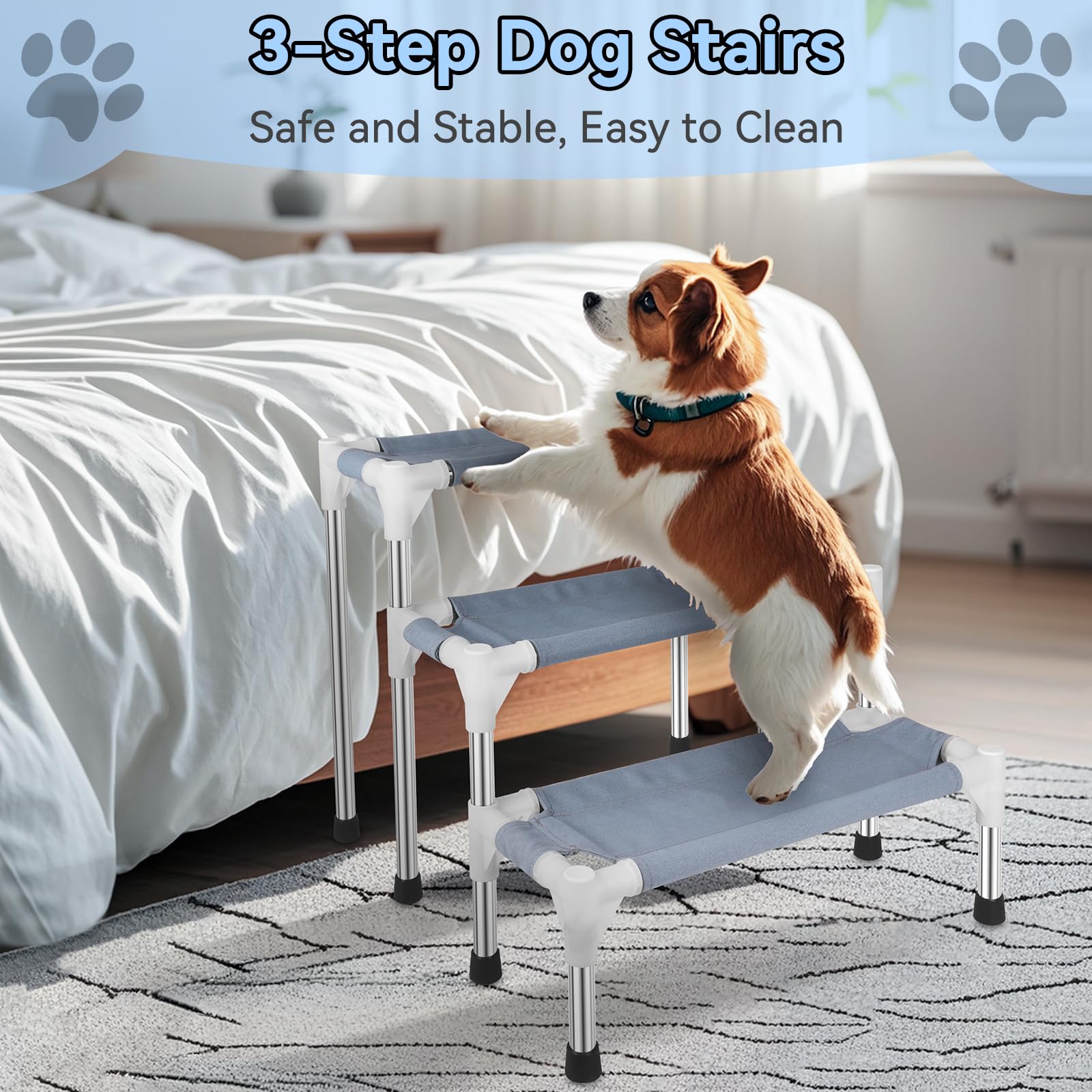 Makerfire Dog Stairs 3-Step for Small Dogs and Cats, Blue, Stainless Steel, Ideal for Bed/Couch Access