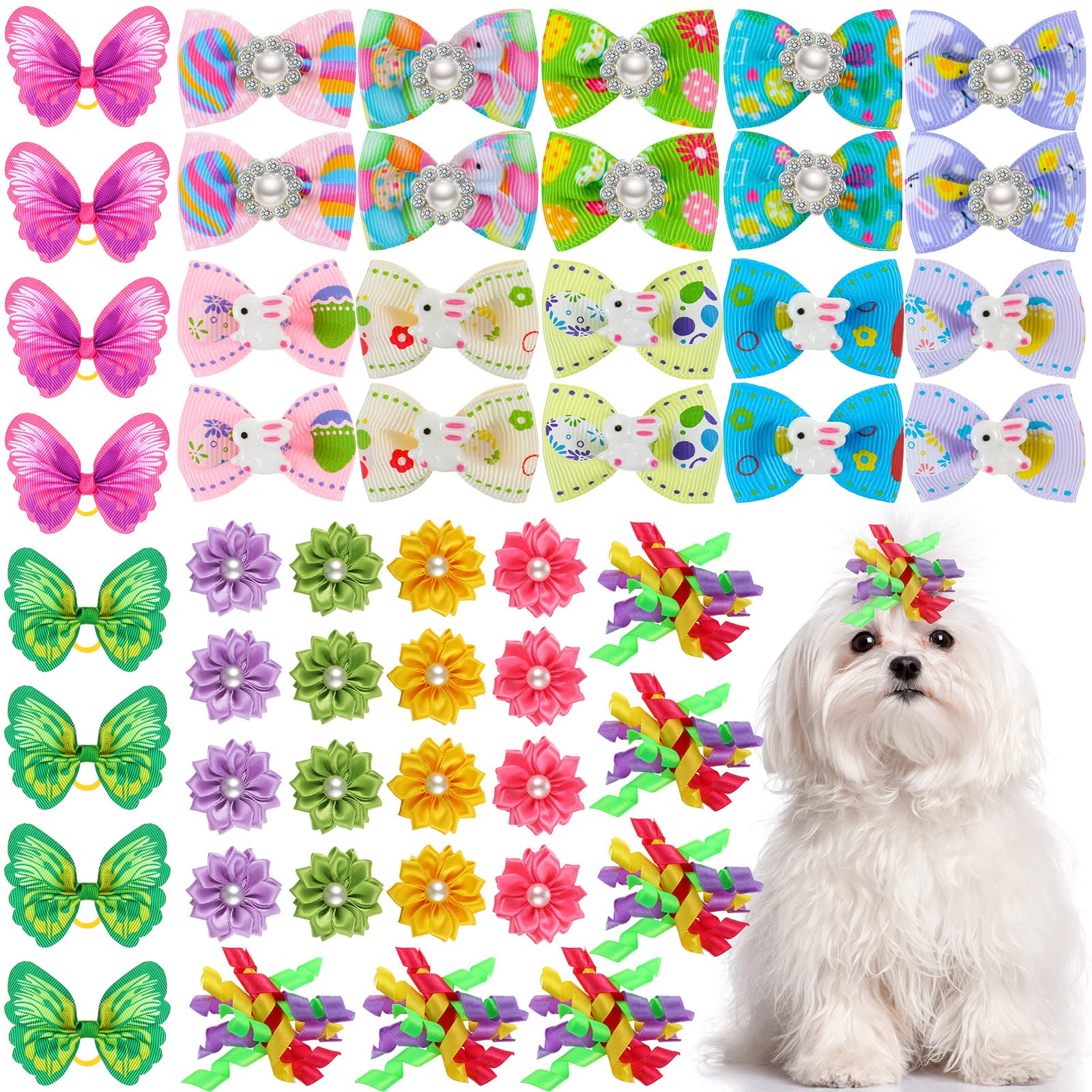 Mtlee 50 Pcs Easter Dog Bows Dog Hair Bows Grooming Bows Cute Rabbit Pattern With Rubber Bands Puppy Yorkie Cat Bunny Butterfly 