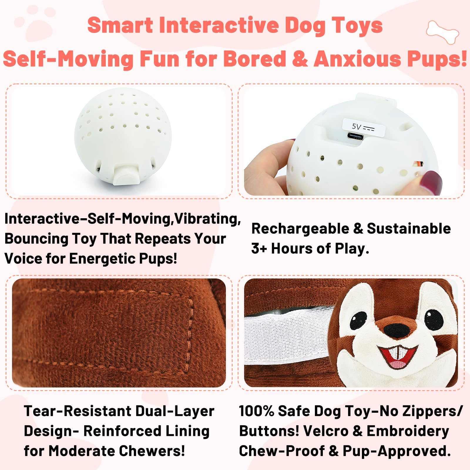 Interactive Dog Toys - Auto Bounce, Move & Vibrate with Sound, Talking Squirrel Puppy Toy for Small Medium Large Dogs, Rechargea