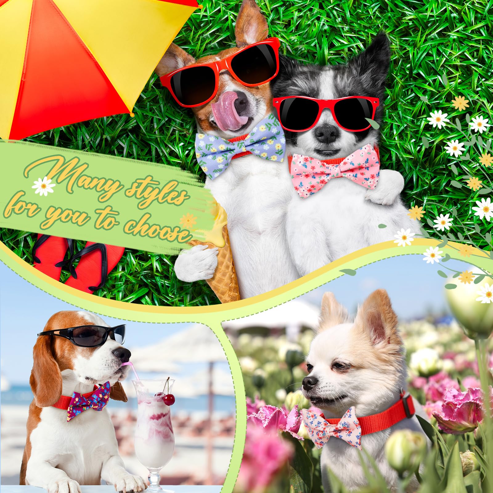 Hillban 50 Pieces Floral Collar Dog Bow Ties Flower Dog Collar Accessories Bow Ties Attachment With Elastic Bands Detachable Cha