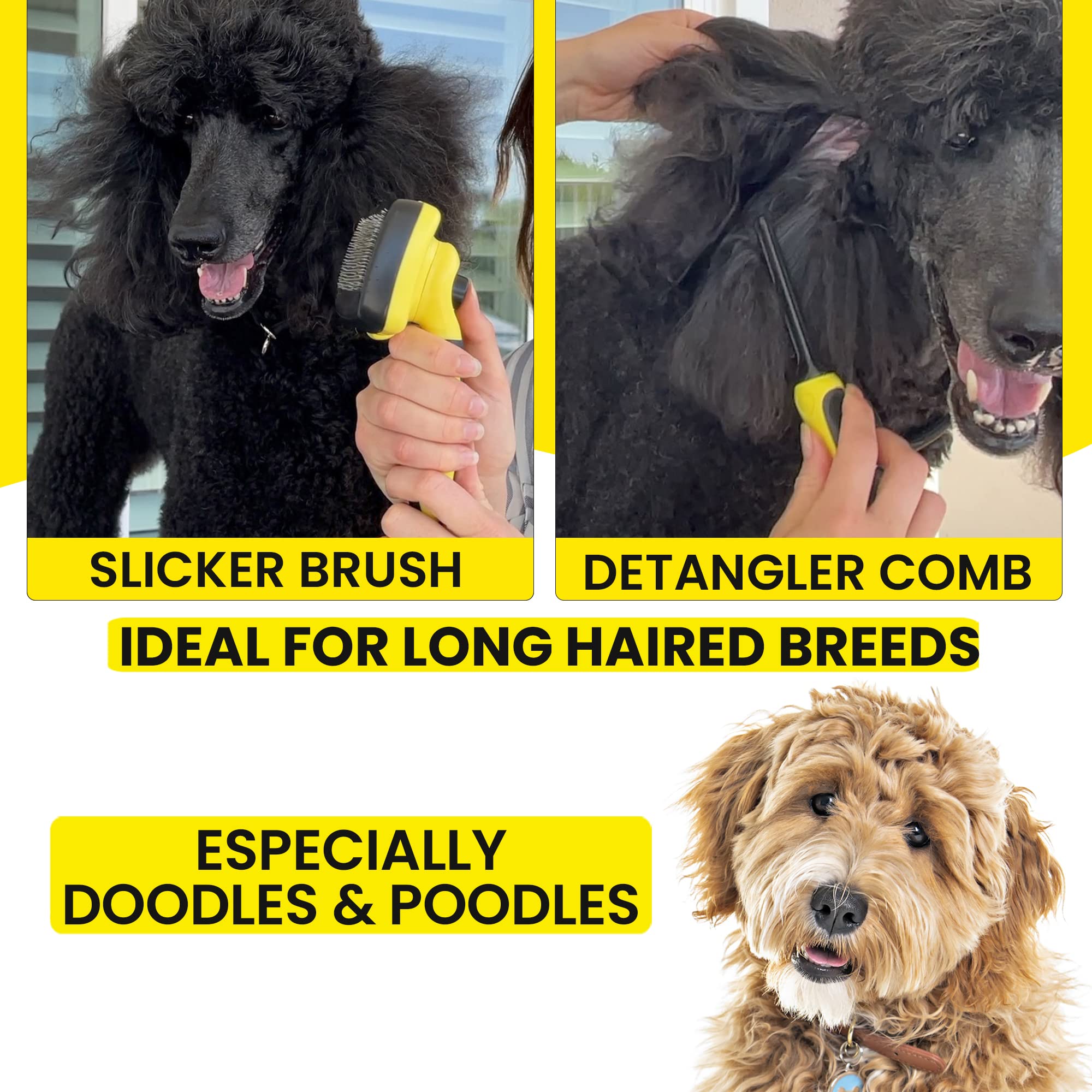 Shedtitan Slicker Dog Brush For Goldendoodles, Poodles & Dematting Pet Comb Value Kit - Easy Self Cleaning Slicker Brush For Grooming Dogs, Golden Doodle, Poodle, Cats - Detangle Comb Removes Matts