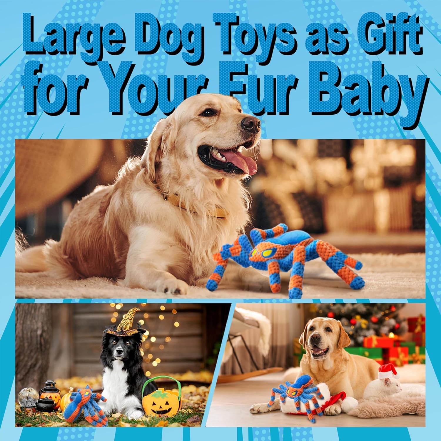 LEGEND SANDY Large Dog Toys for Aggressive Chewers - Interactive Squeaky & Crinkle Tug Toy in Blue Spider