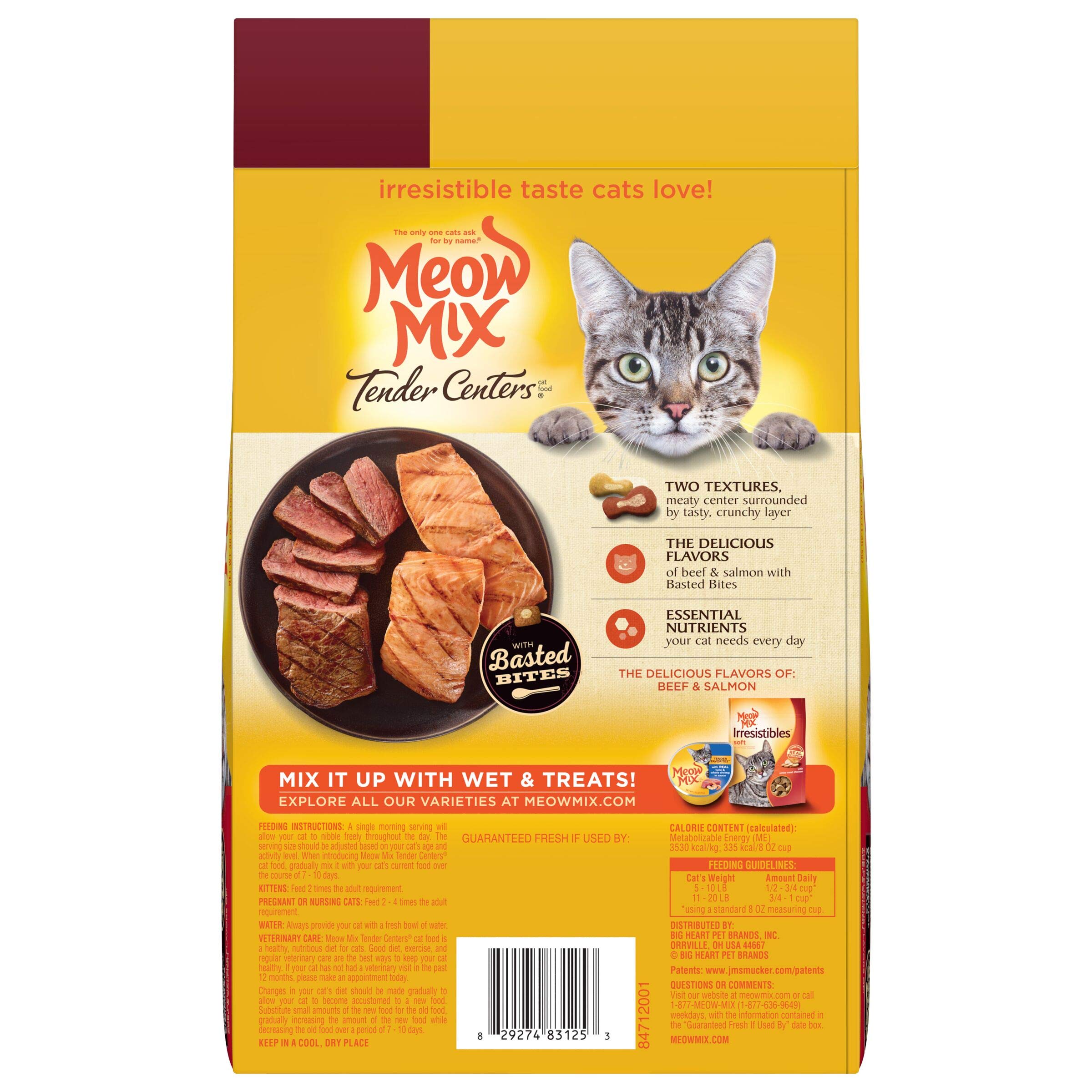 Meow Mix Tender Centers Basted Bites Dry Cat Food, Beef & Salmon Flavors, 3 Pound (Pack of 4), Crunchy Outside Meaty Inside