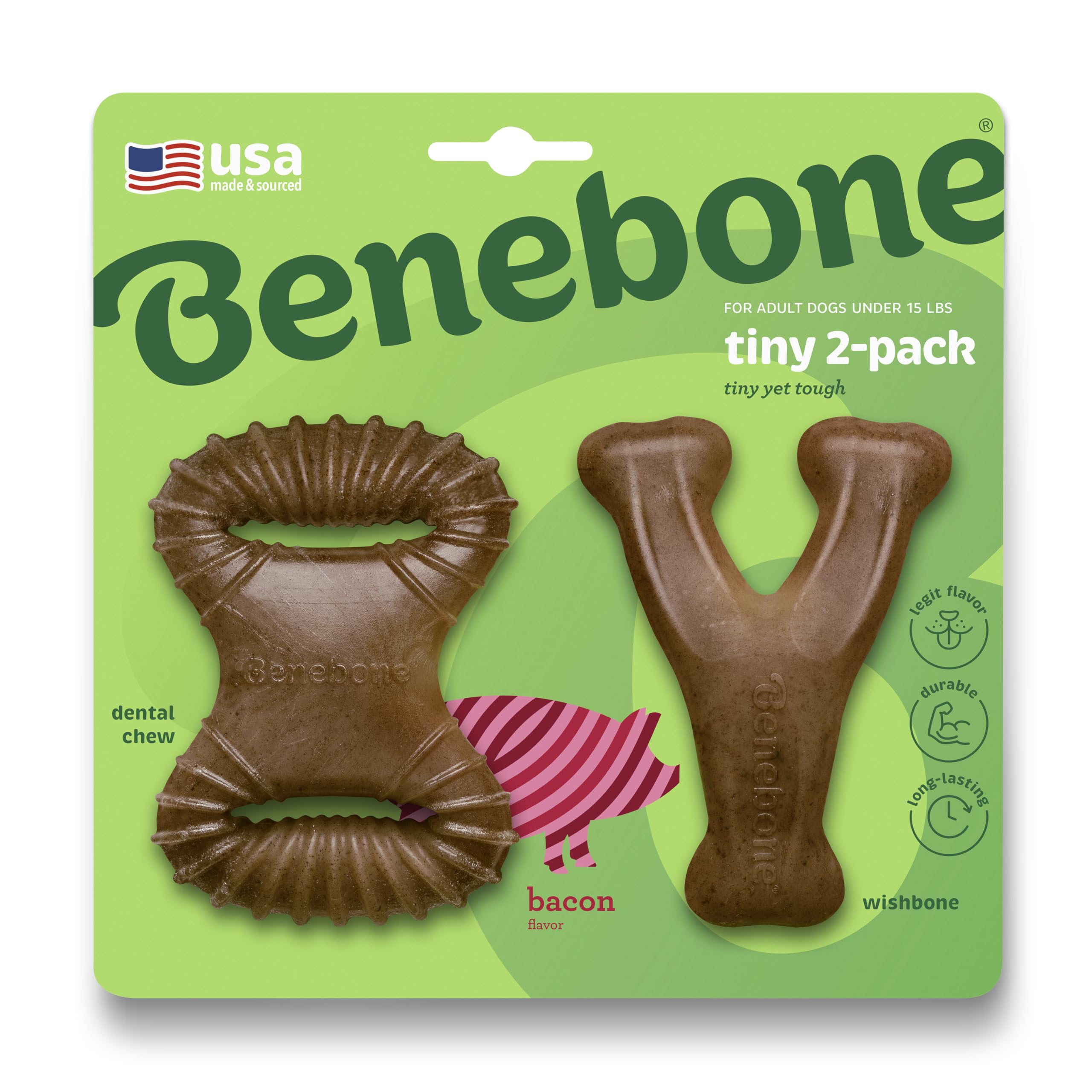 Benebone Tiny 2-Pack Dog Chew Toys, Made In Usa, Real Bacon Flavor, Small