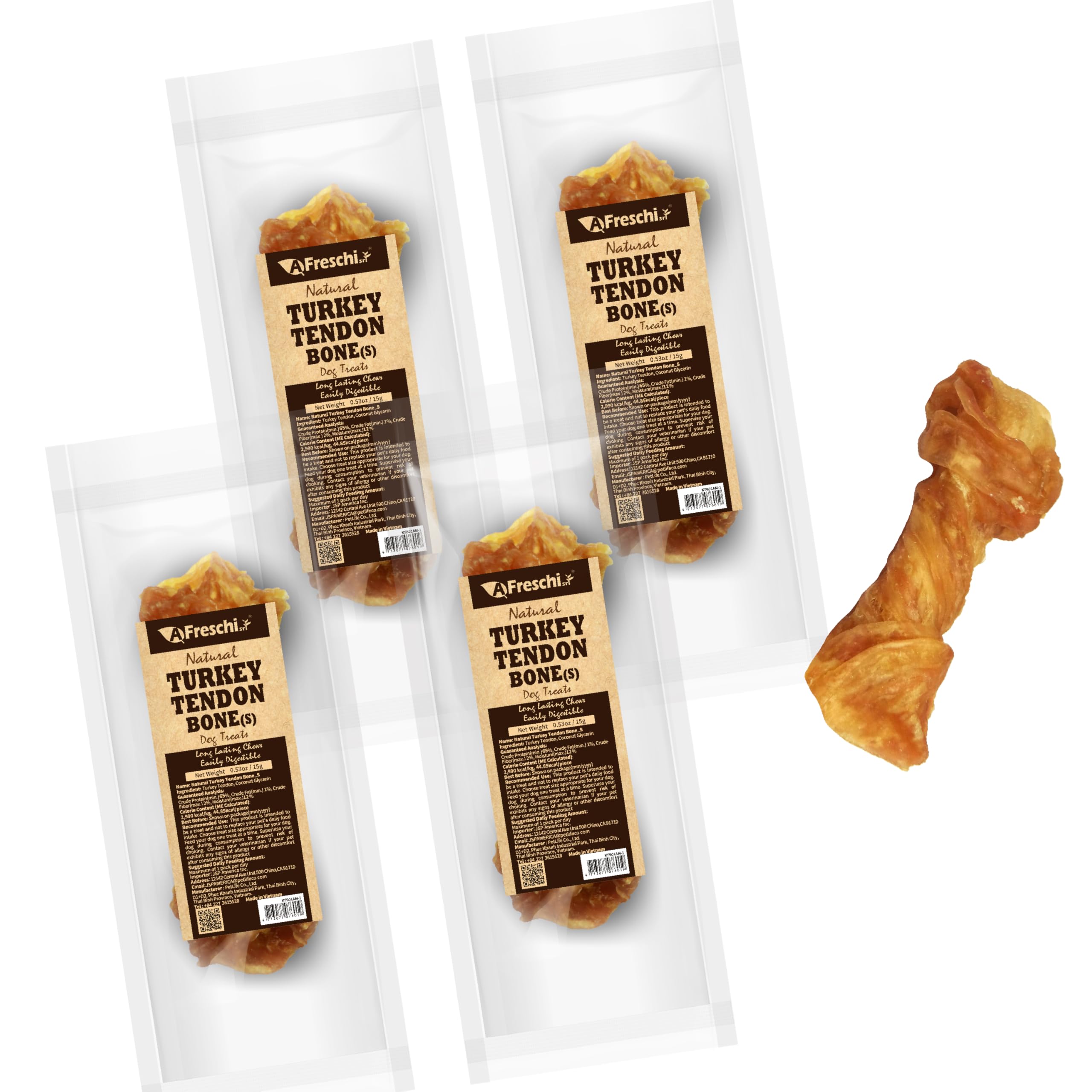 Afreschi Natural Turkey Tendon Bone (S) Pack of 4, Dog Treats for Signature Series, All Natural Human Grade Puppy Chew, Turkey S