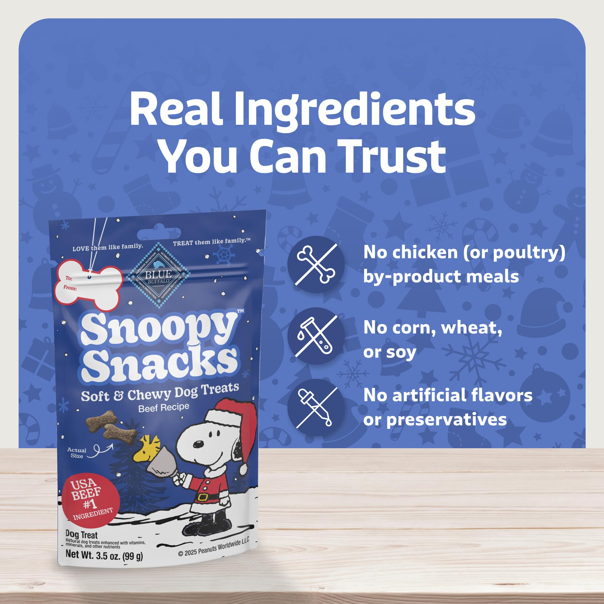 Blue Buffalo Snoopy Snacks Soft & Chewy Dog Treats, Holiday Stocking Stuffers for Dogs, Beef Recipe, 3.5oz. Bag